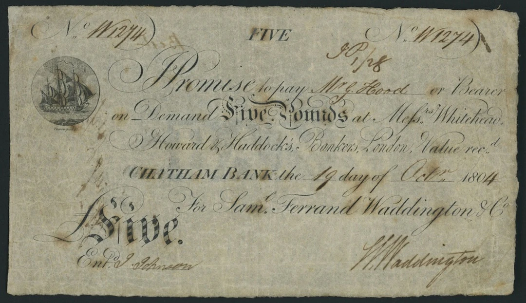 Chatham Bank, for Sam. Ferrand Waddington & Co., £5, 19th October