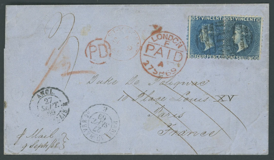 St. Vincent Covers and Cancellations 1869 (9 Sept.) entire ex the