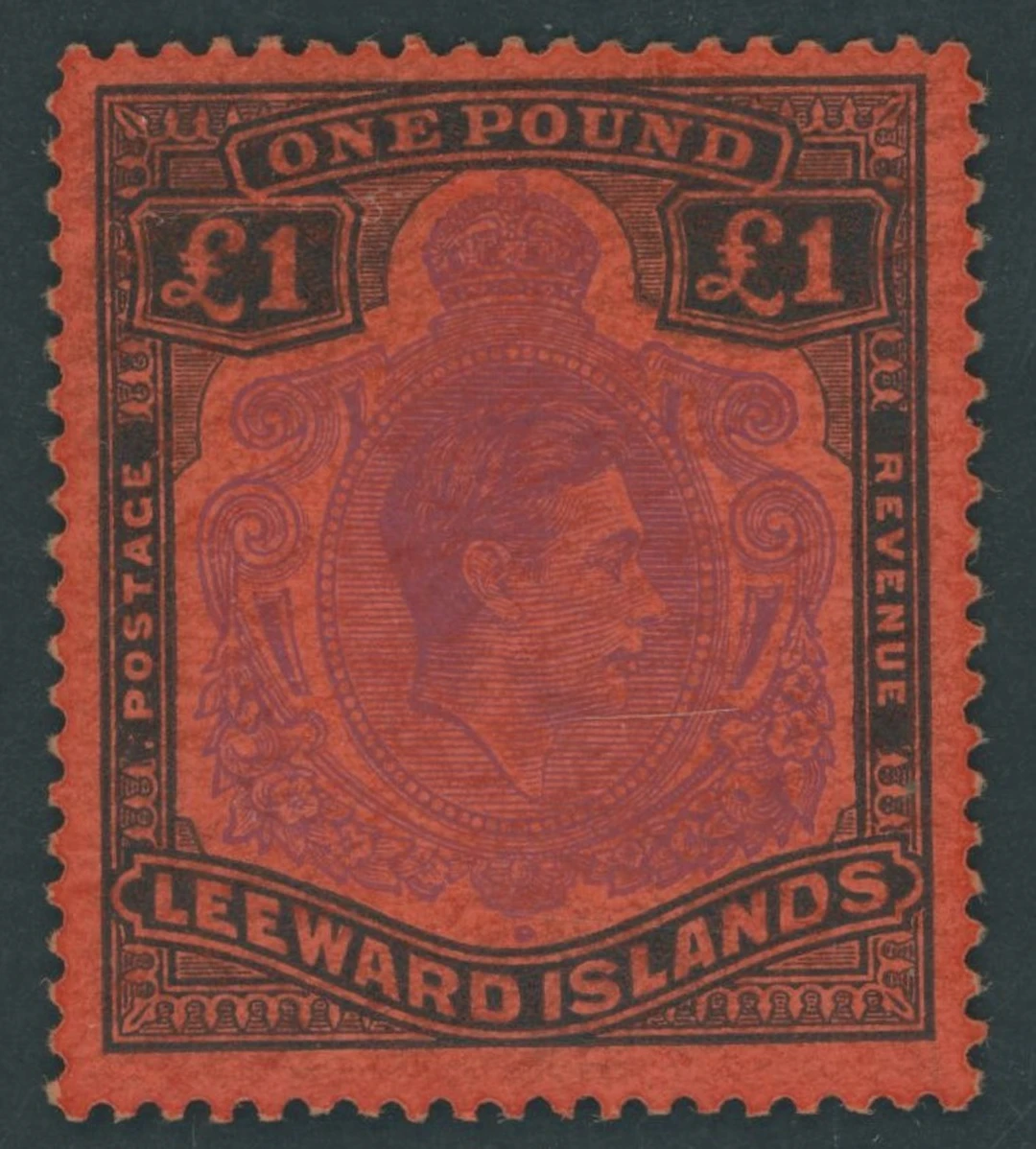 Leeward Islands 1938-51 MCA £1 brown-purple and black on red, variety