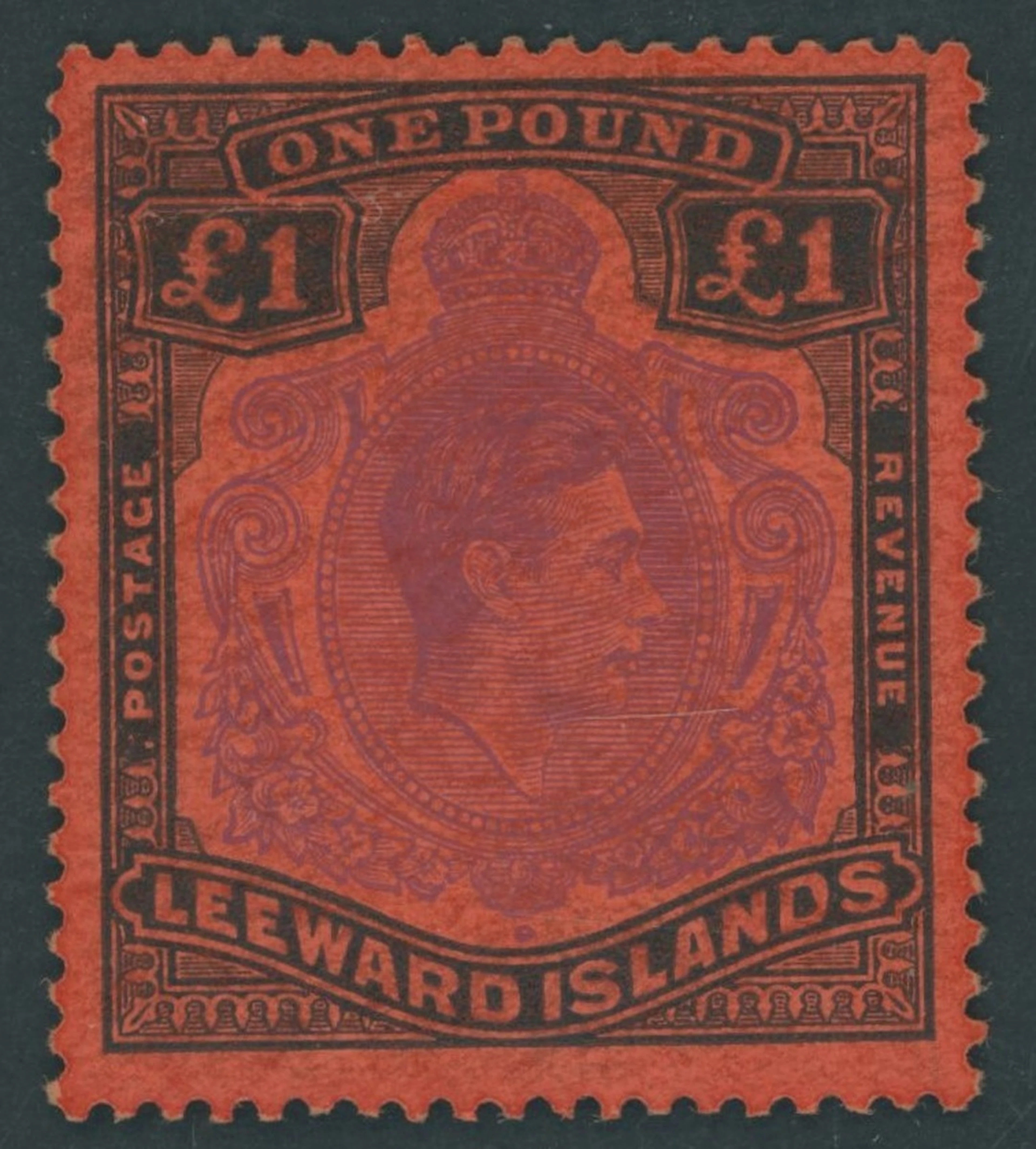 Leeward Islands 1938-51 MCA £1 brown-purple and black on red, variety
