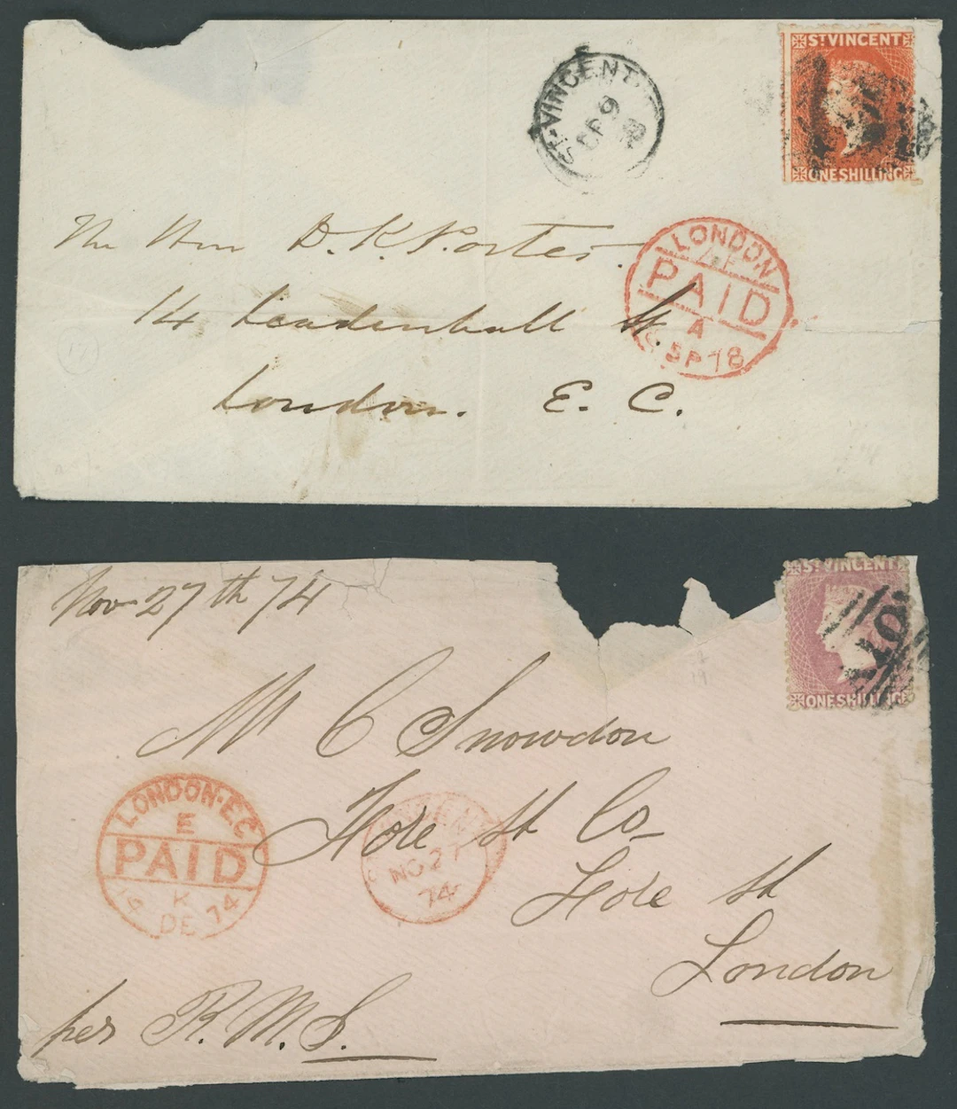 St. Vincent Covers and Cancellations 1878 (9 Sept.) envelope (faults)