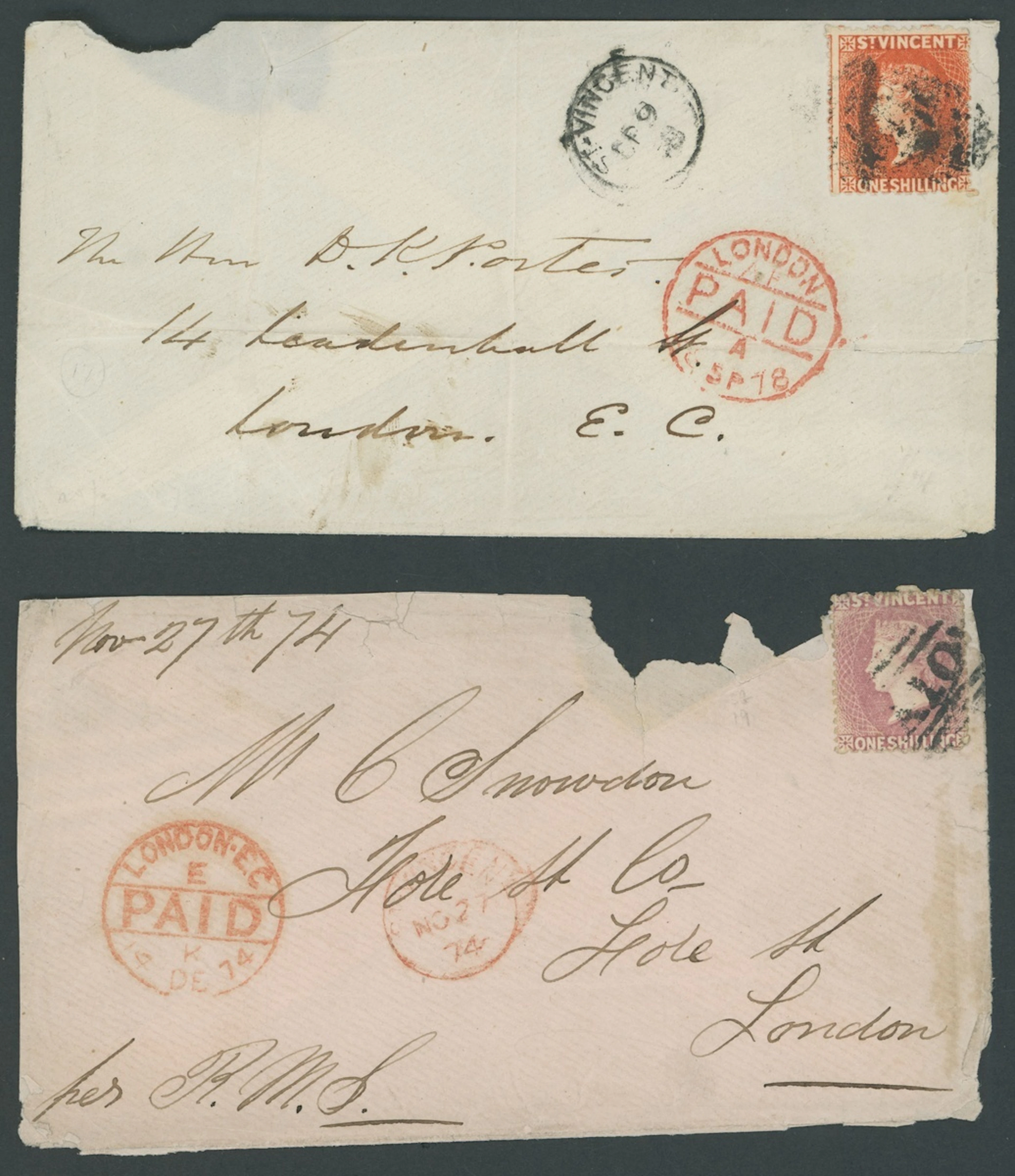 St. Vincent Covers and Cancellations 1878 (9 Sept.) envelope (faults)