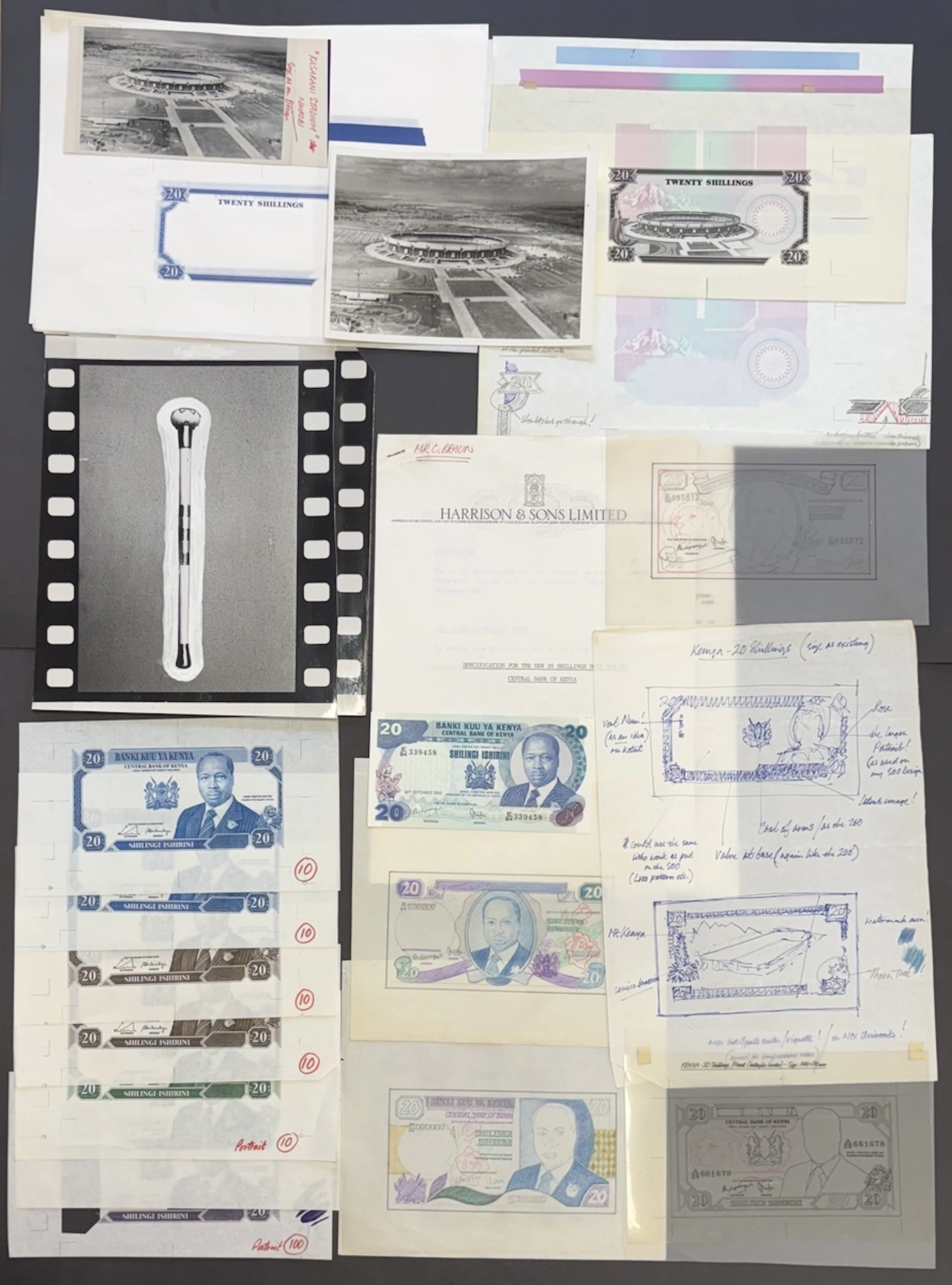 Central Bank of Kenya, large group of printer's material for 10, 20