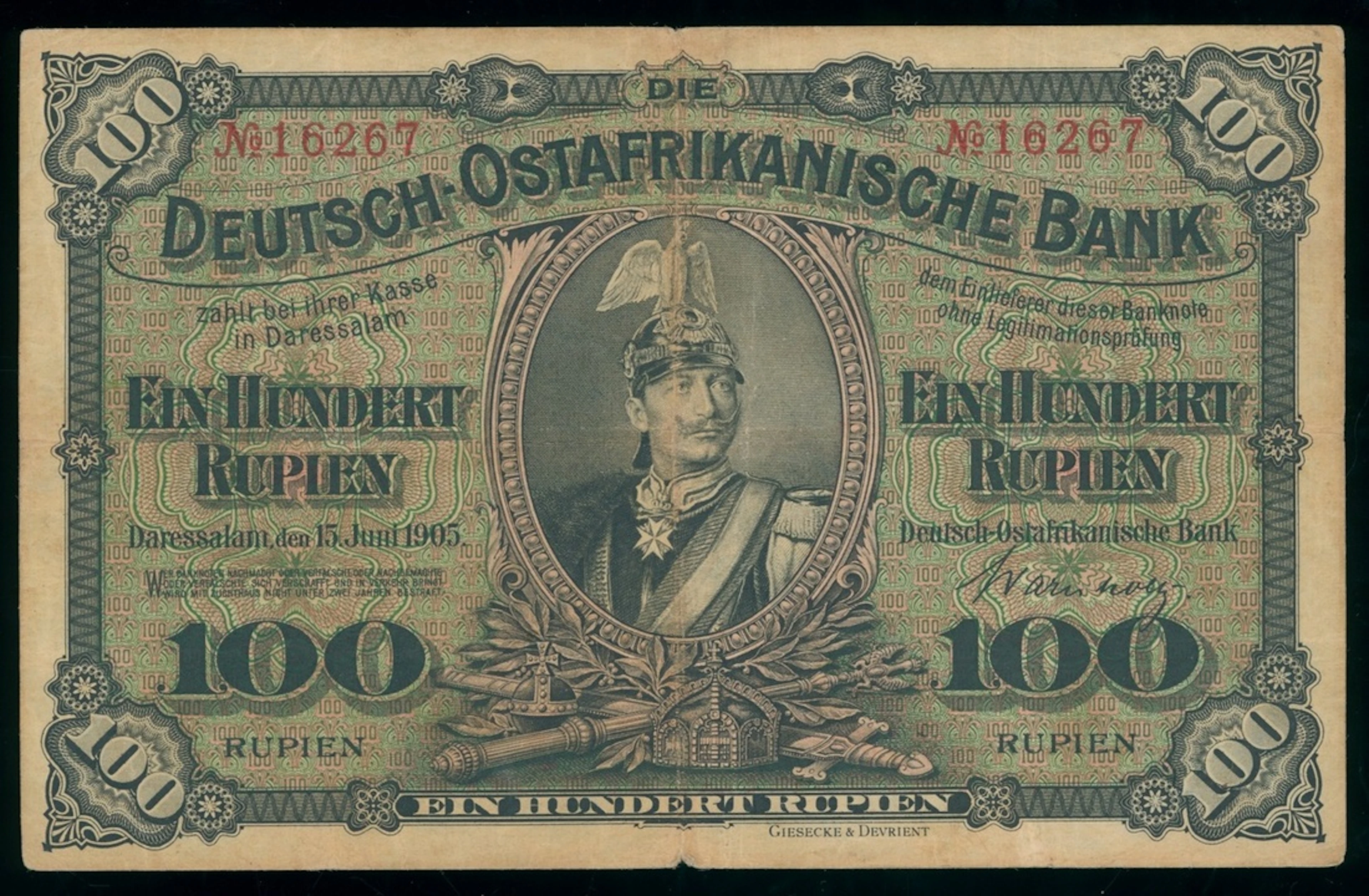 German East Africa, 100 rupien, 1905, serial number 16267