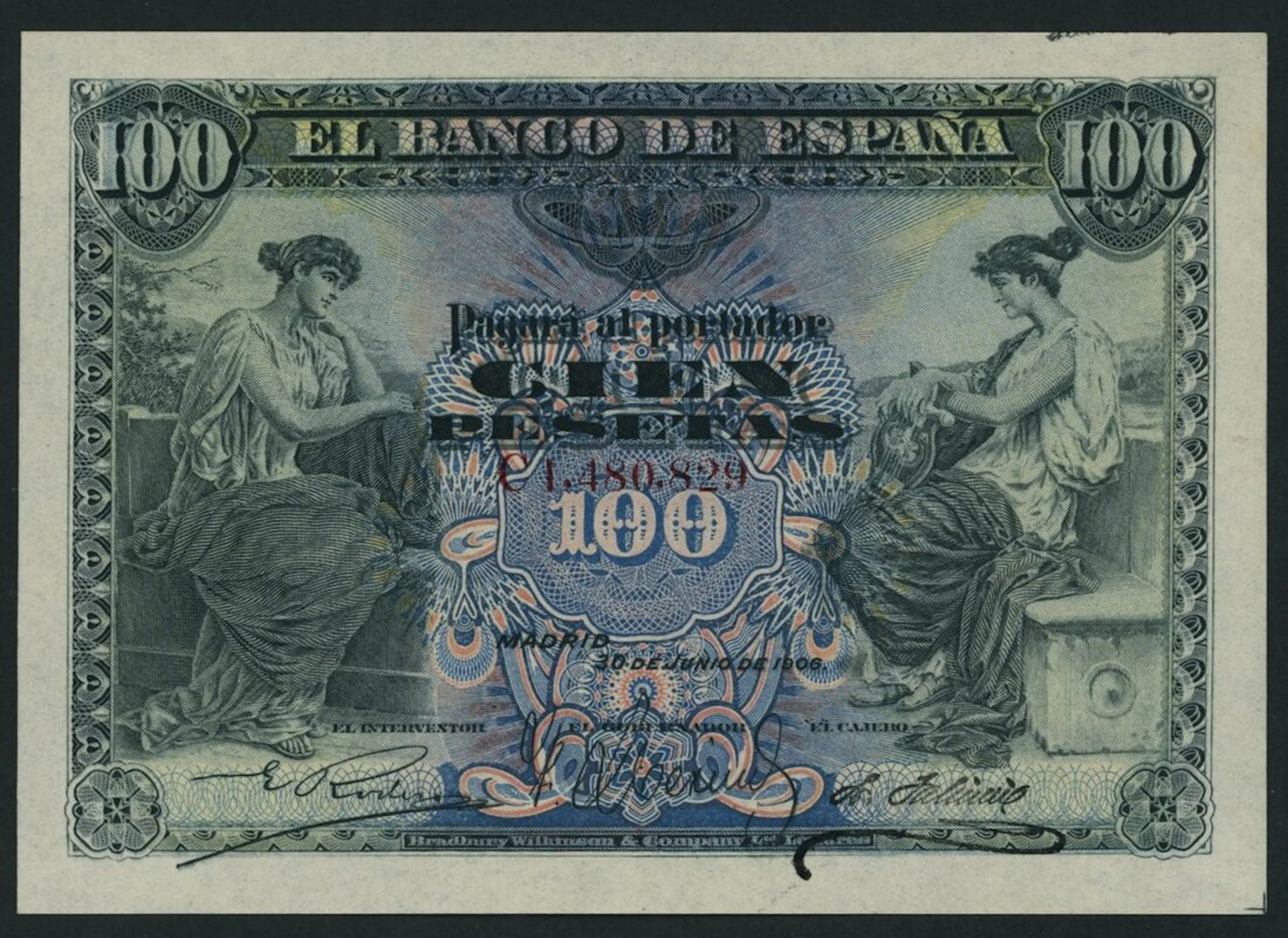 Banco de España, Spain, 100 Pesetas, Madrid, 30th June 1906, serial