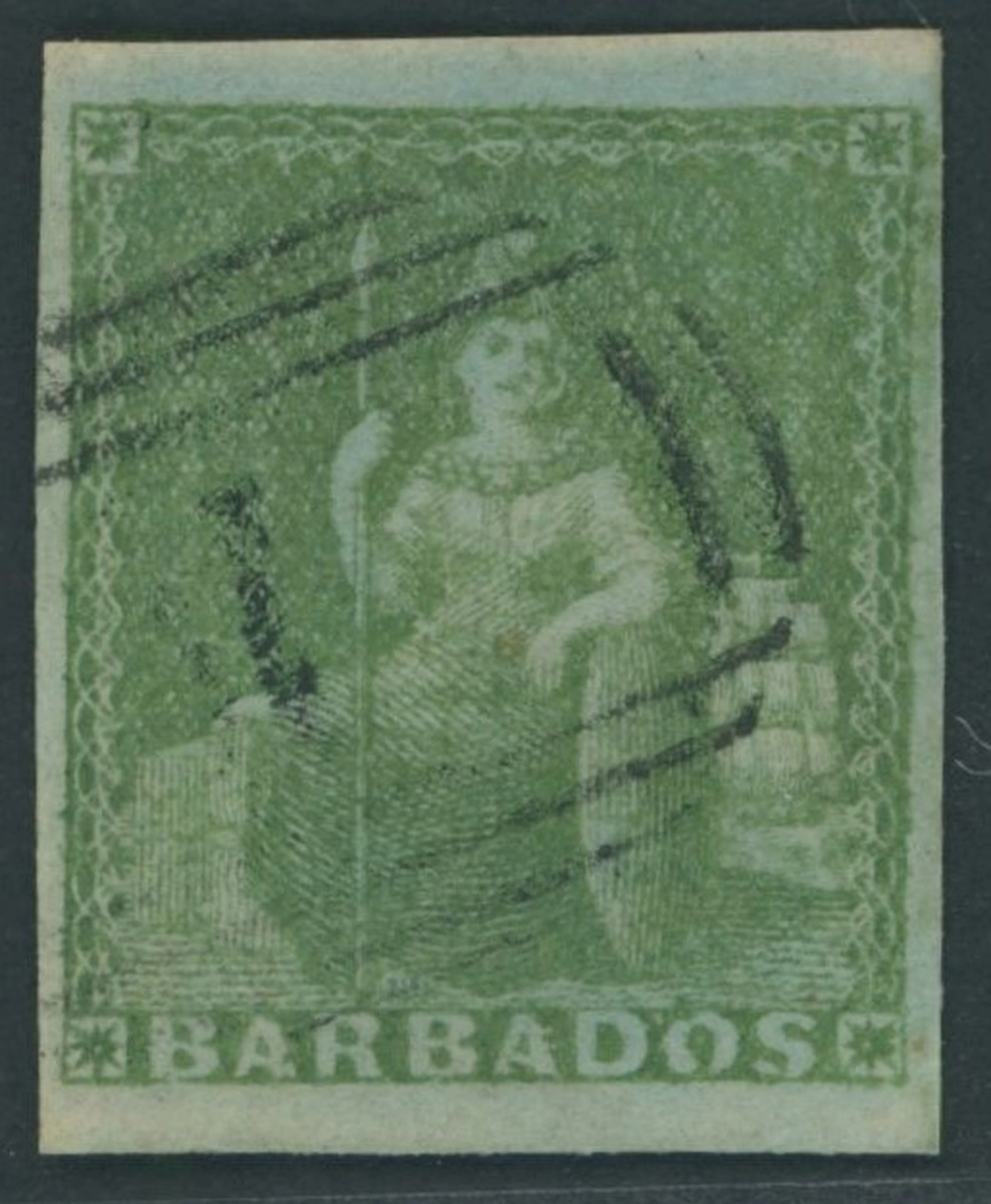 Barbados Britannia Issues 1852-55 blued paper, imperf (½d.) yellow-green