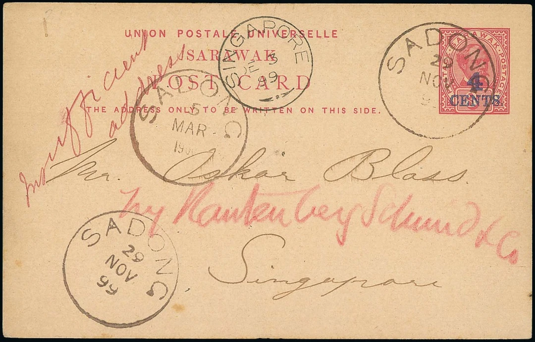Sarawak Postal Stationery Postcards 1899 4c. on 3c. 1899 (29 Nov.)