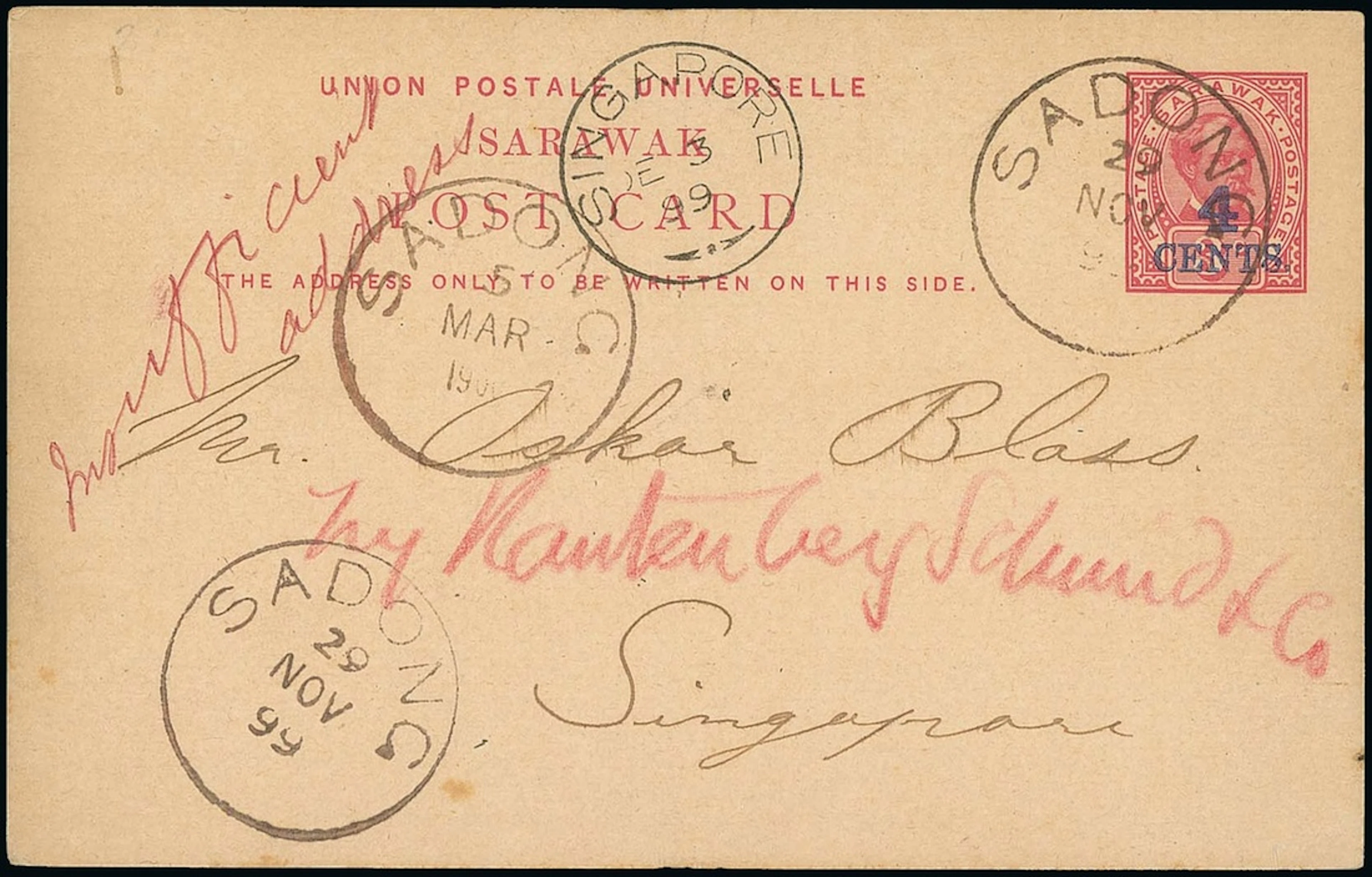 Sarawak Postal Stationery Postcards 1899 4c. on 3c. 1899 (29 Nov.)