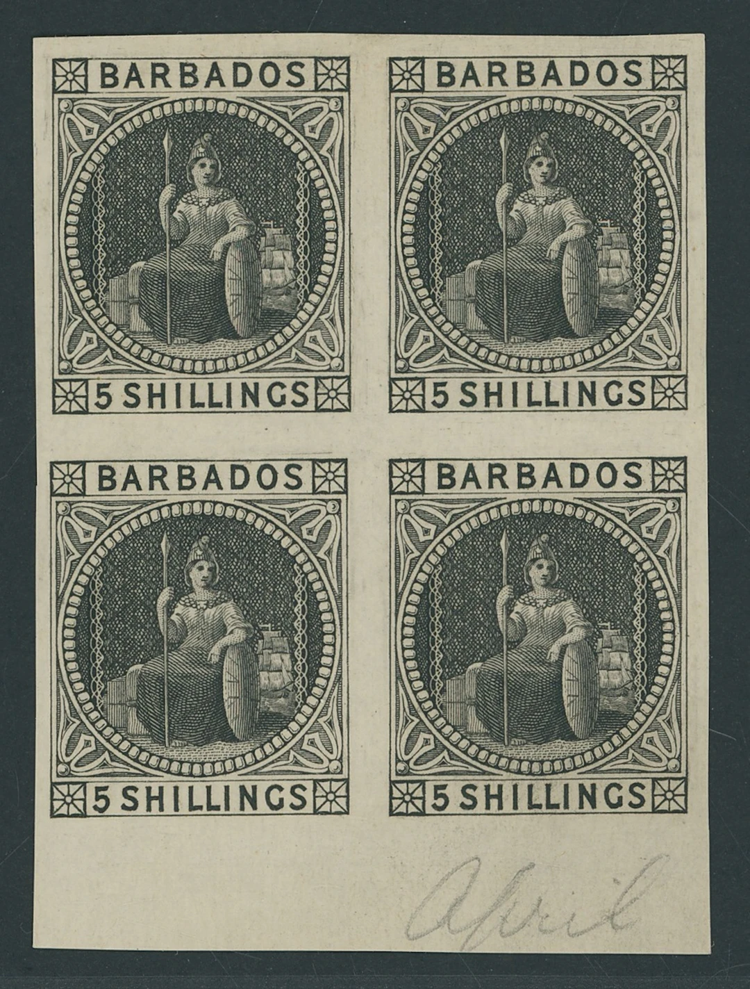 Barbados Issued Stamps 1873 (June) 5/- imperforate plate proof block