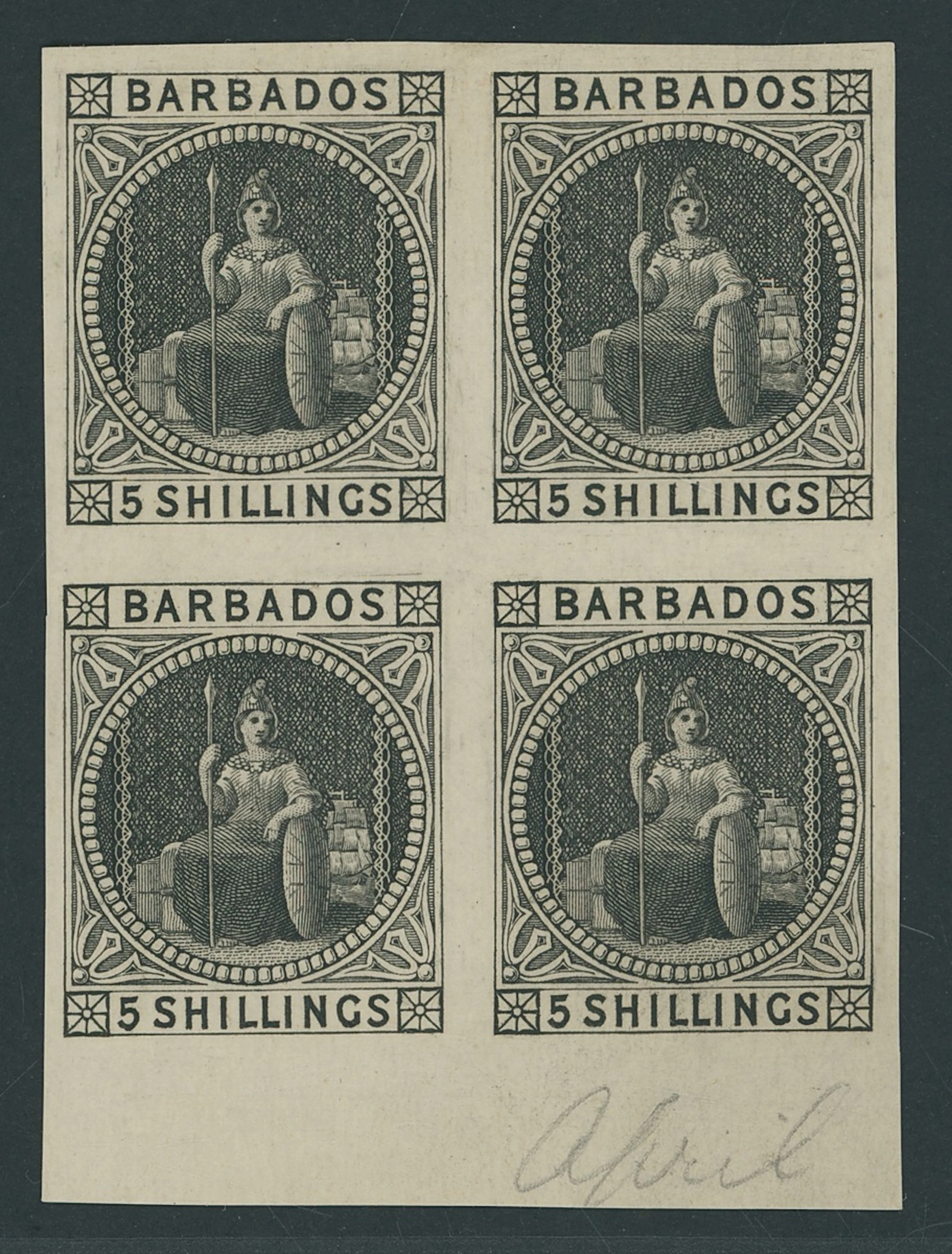 Barbados Issued Stamps 1873 (June) 5/- imperforate plate proof block