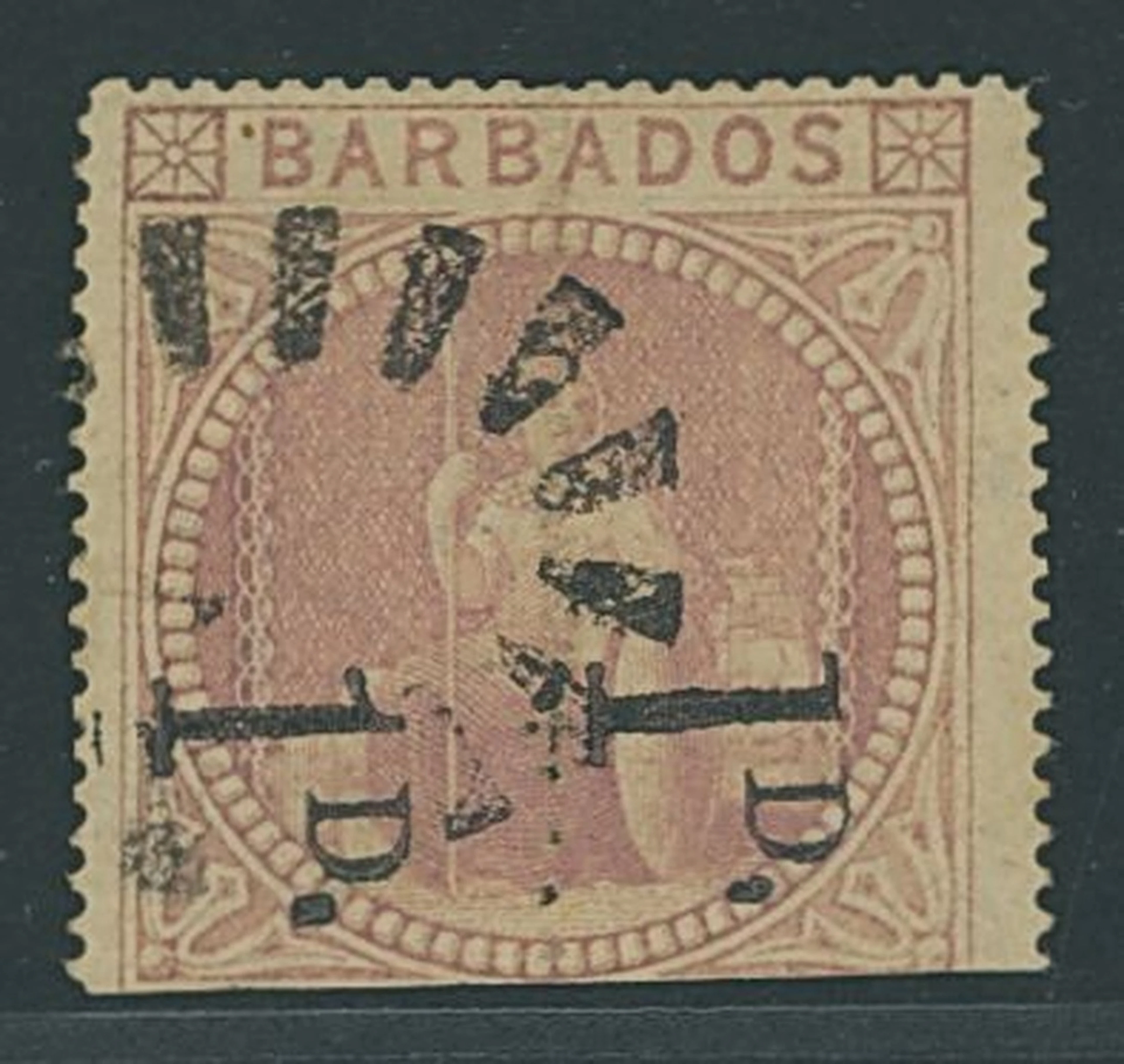 Barbados Britannia Issues 1874 (Mar.) "1d" on half 5/- dull rose with