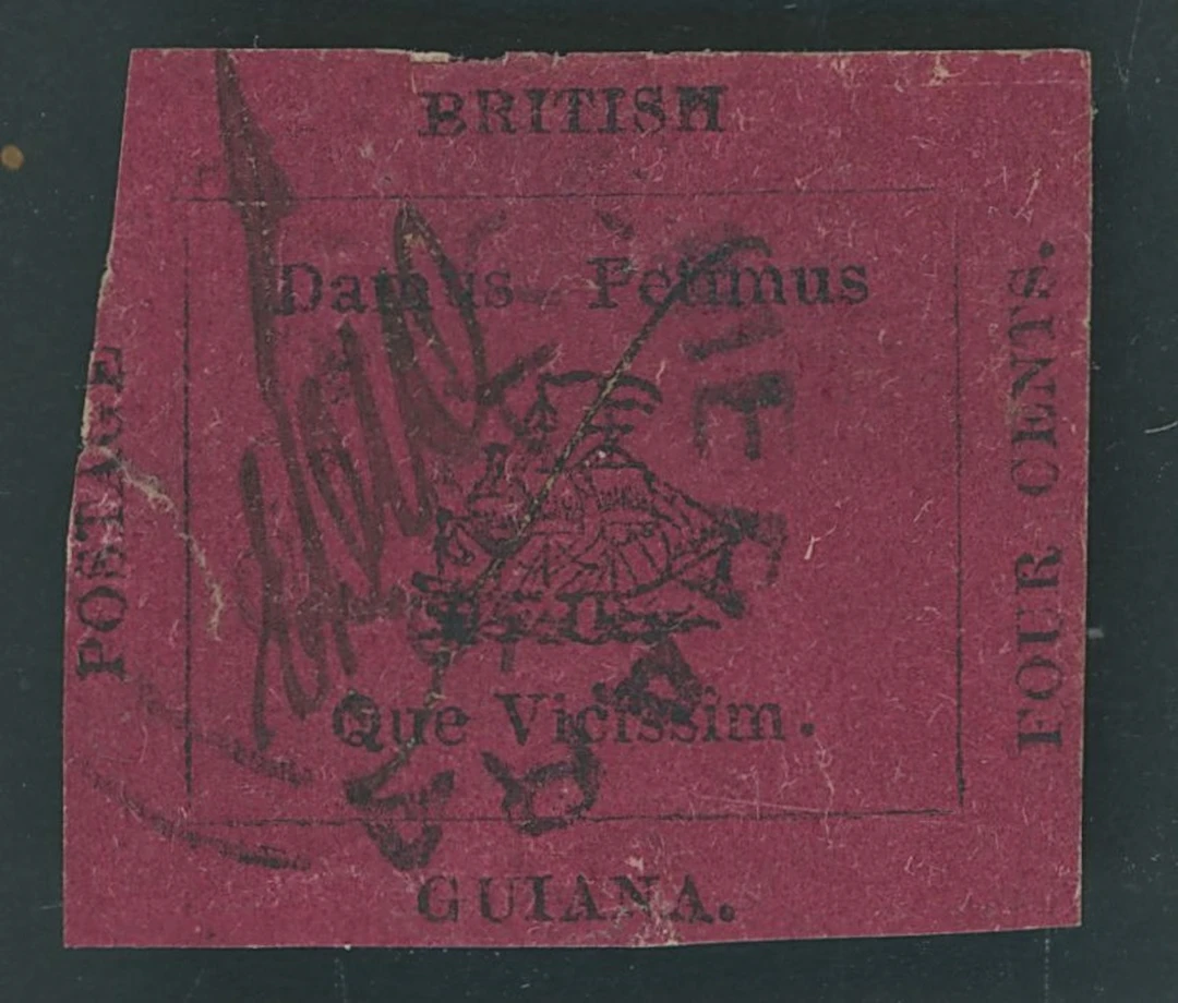 British Guiana 1856 4c. black and magenta, initialled "E.D.W.", cut