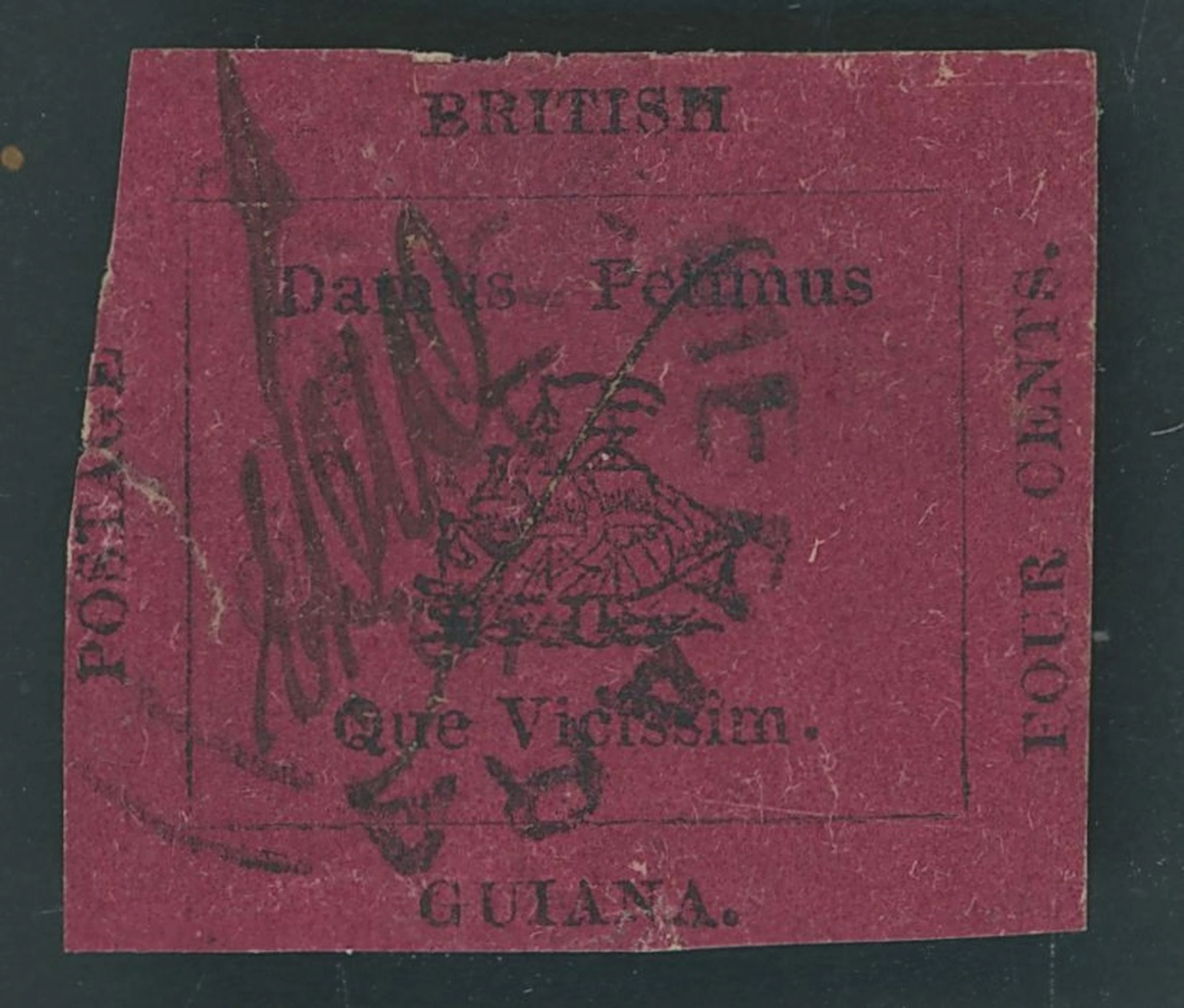 British Guiana 1856 4c. black and magenta, initialled "E.D.W.", cut