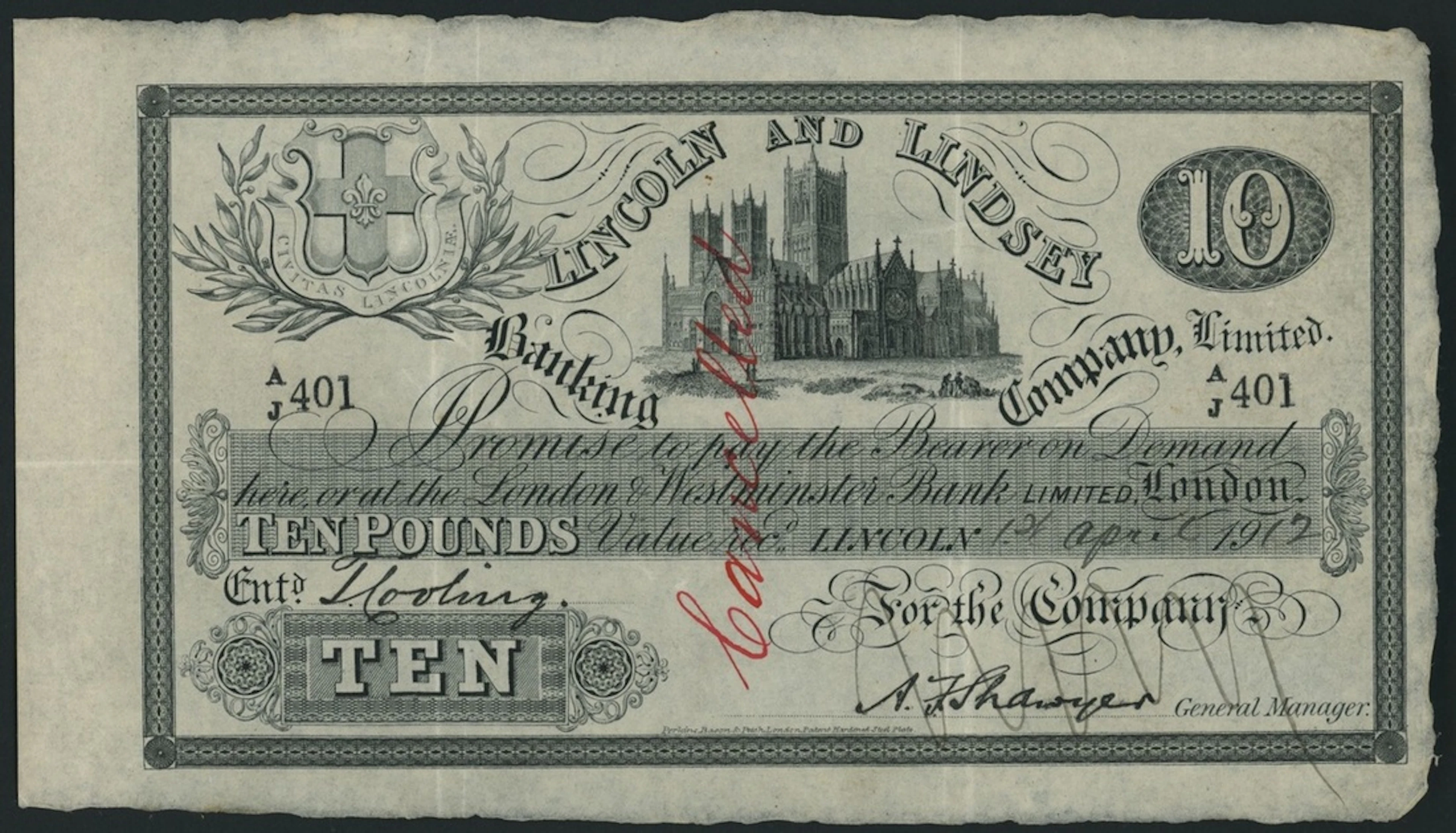 Lincoln & Lindsey Banking Company Limited, £10, 1st April 1912, serial