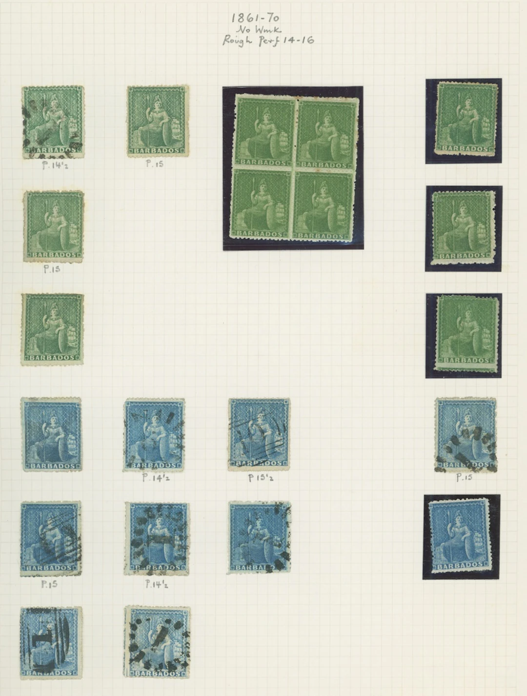 Barbados Britannia Issues 1861-70 no watermark, rough perf 14 to 16