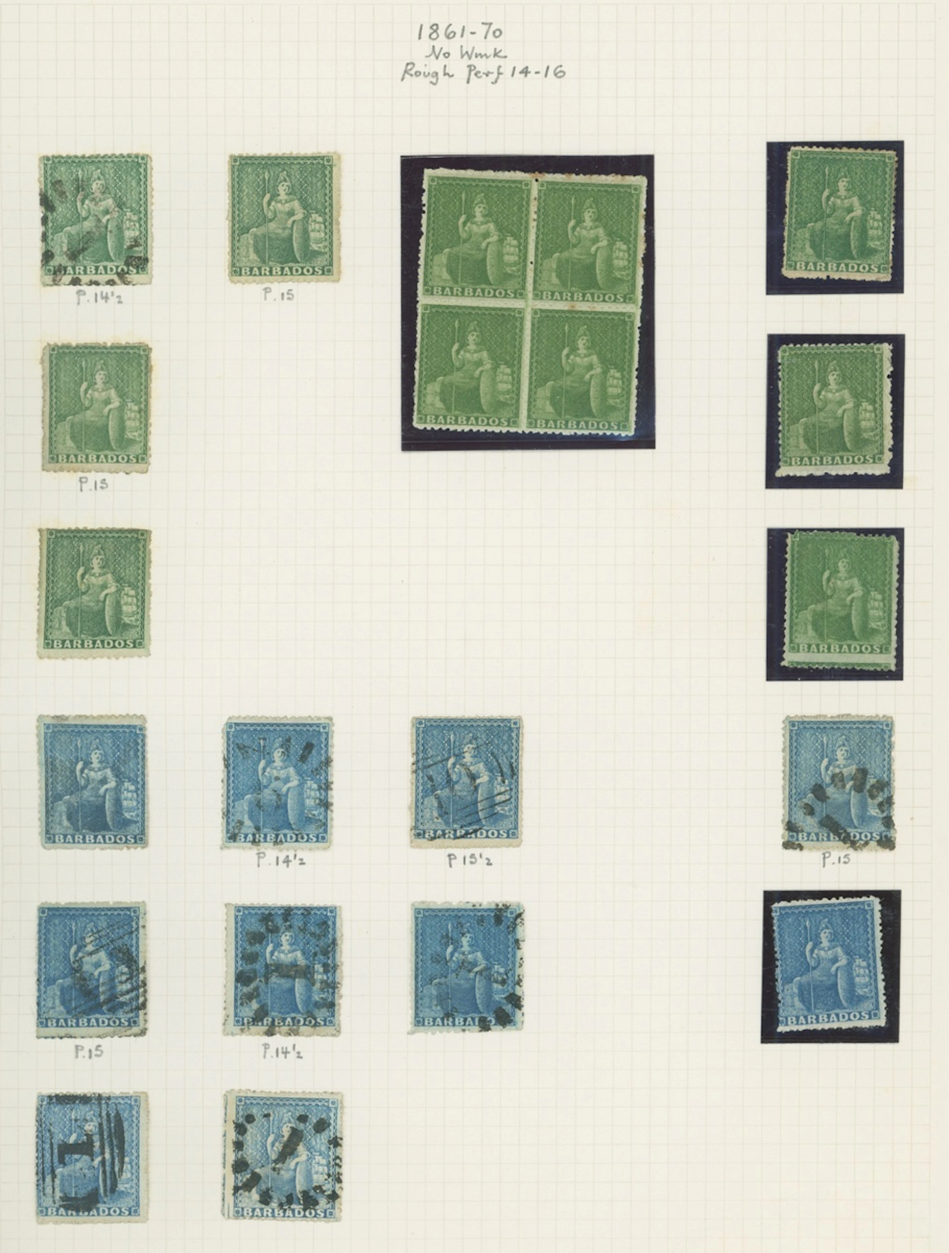 Barbados Britannia Issues 1861-70 no watermark, rough perf 14 to 16
