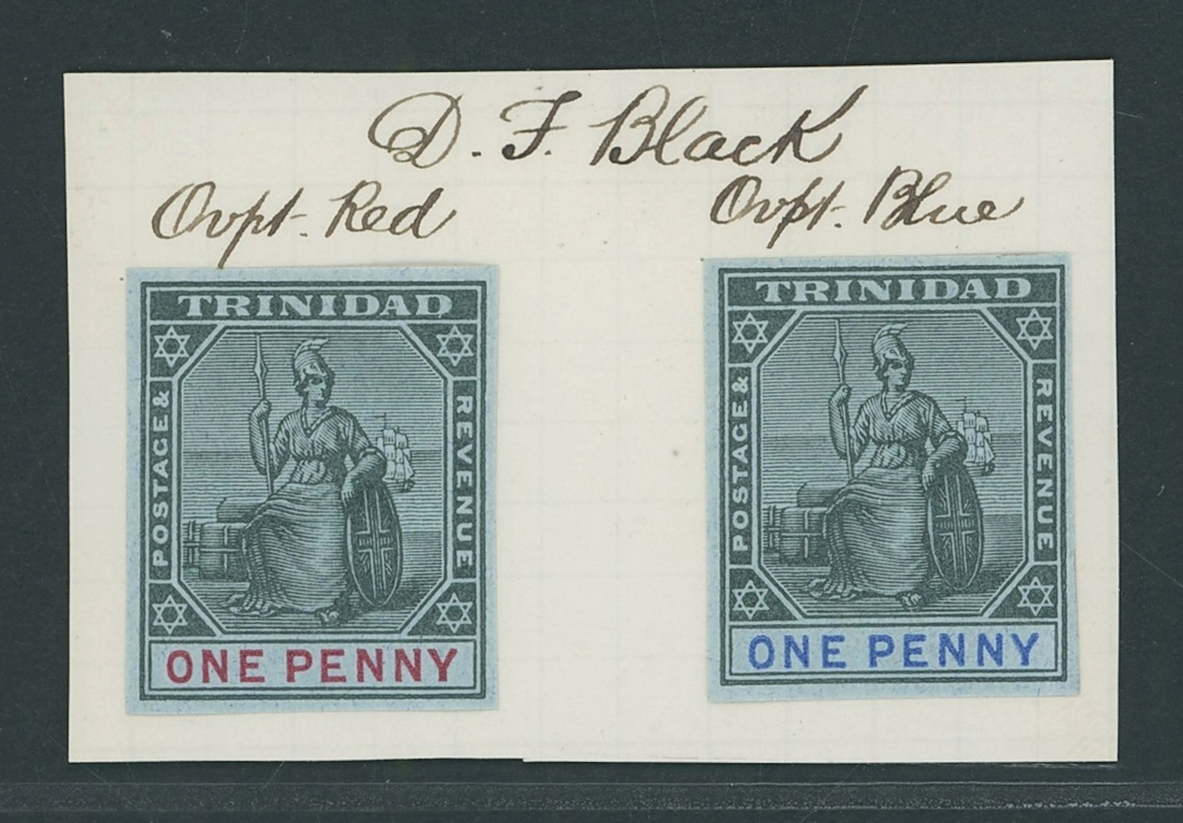 Trinidad 1904 1d. imperforate colour trials (2), in black and red