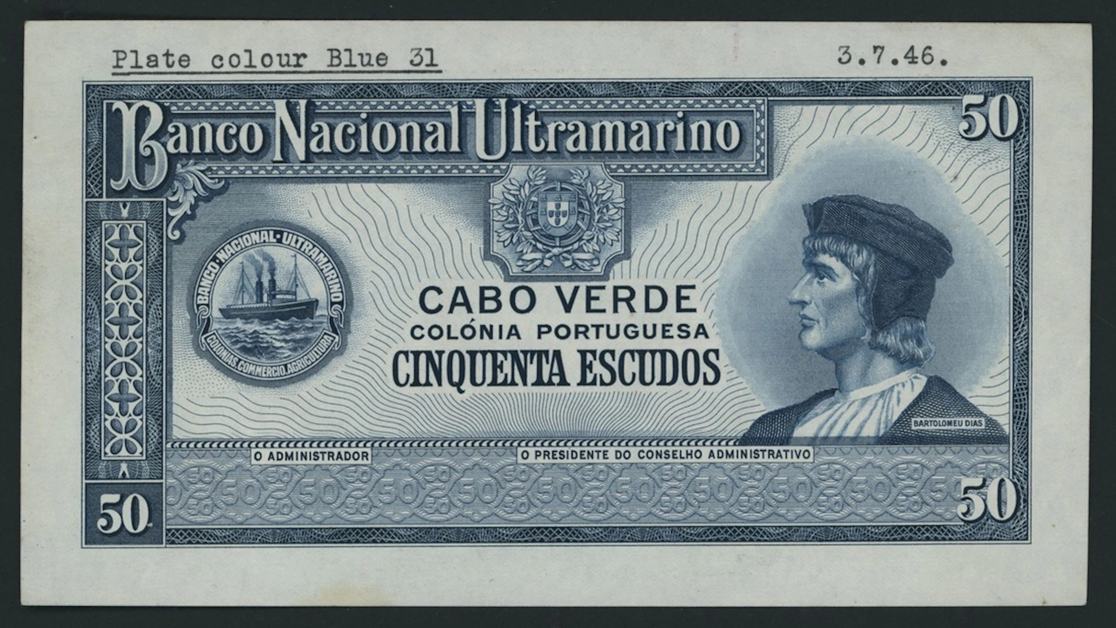 Banco Nacional Ultramarino, Cape Verde, front proof for 50 Escudos