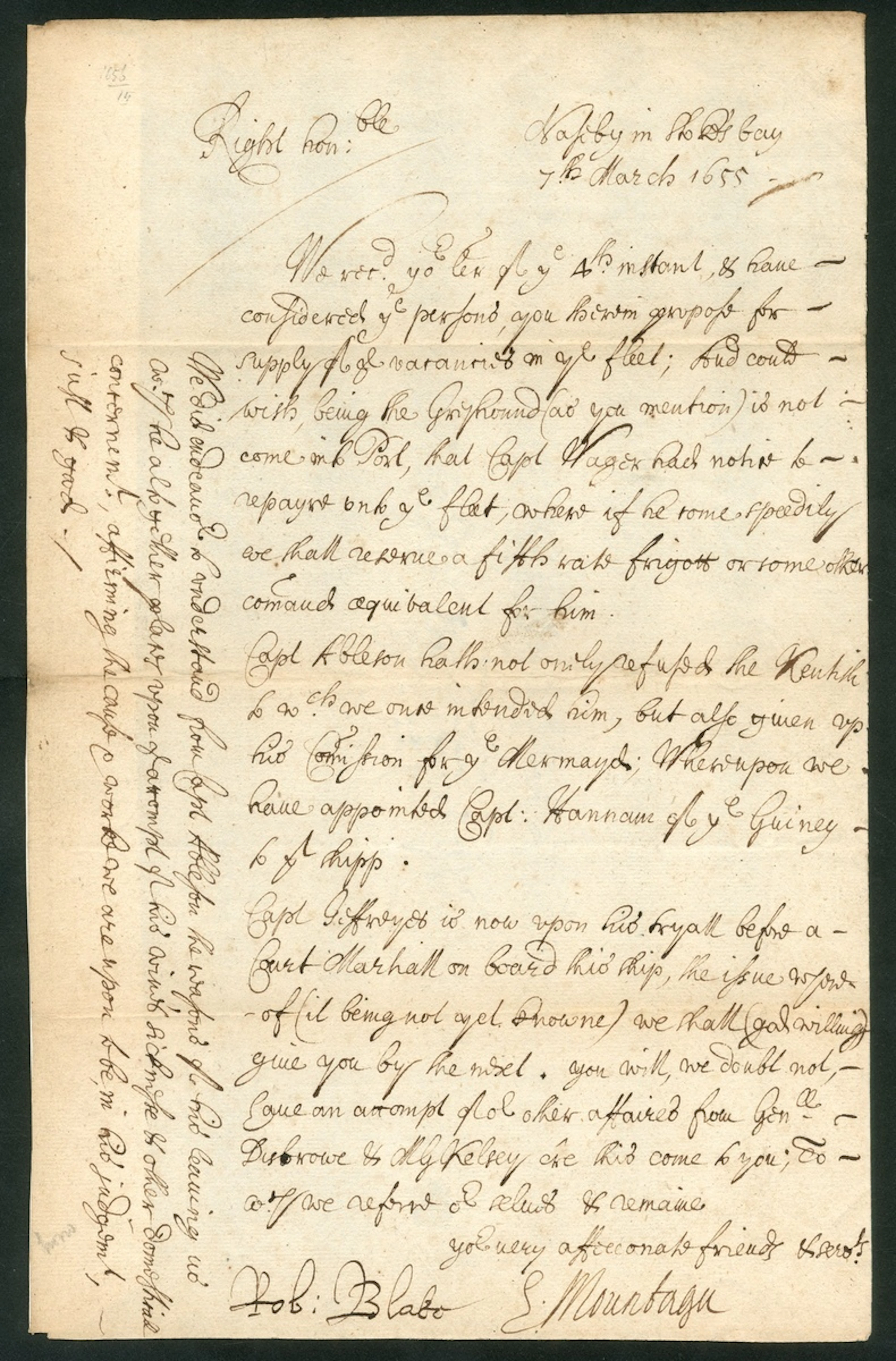 Parliamentary Navy 1650-55 a pair of naval documents:1655 (7 March)