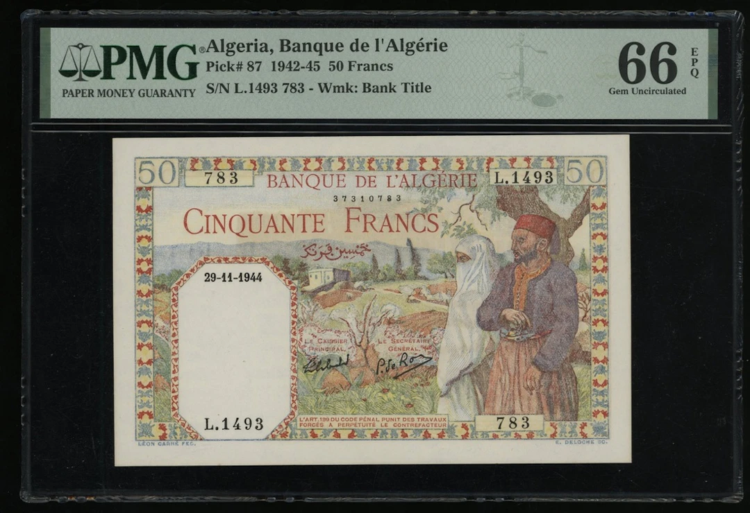 Banque de l'Algerie, Algeria, 50 francs, 1944, serial number L.1493