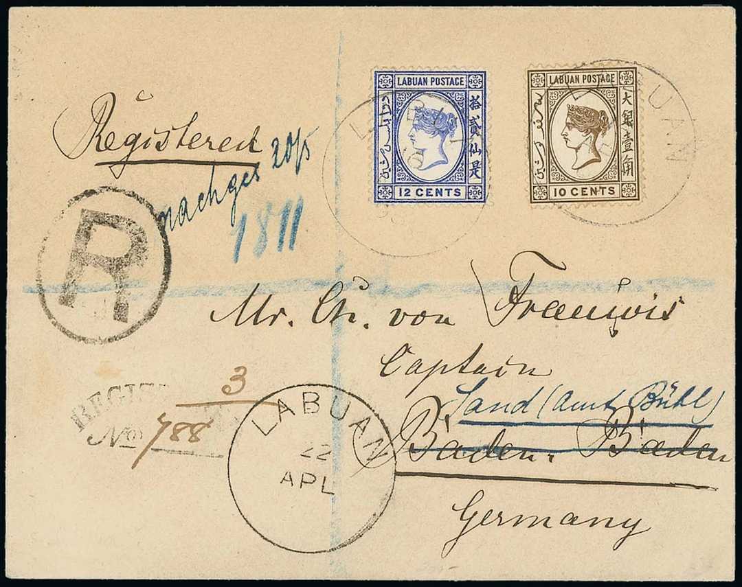 Labuan 1892-93 No Watermark Covers 1898 (22 Apr.) envelope registered