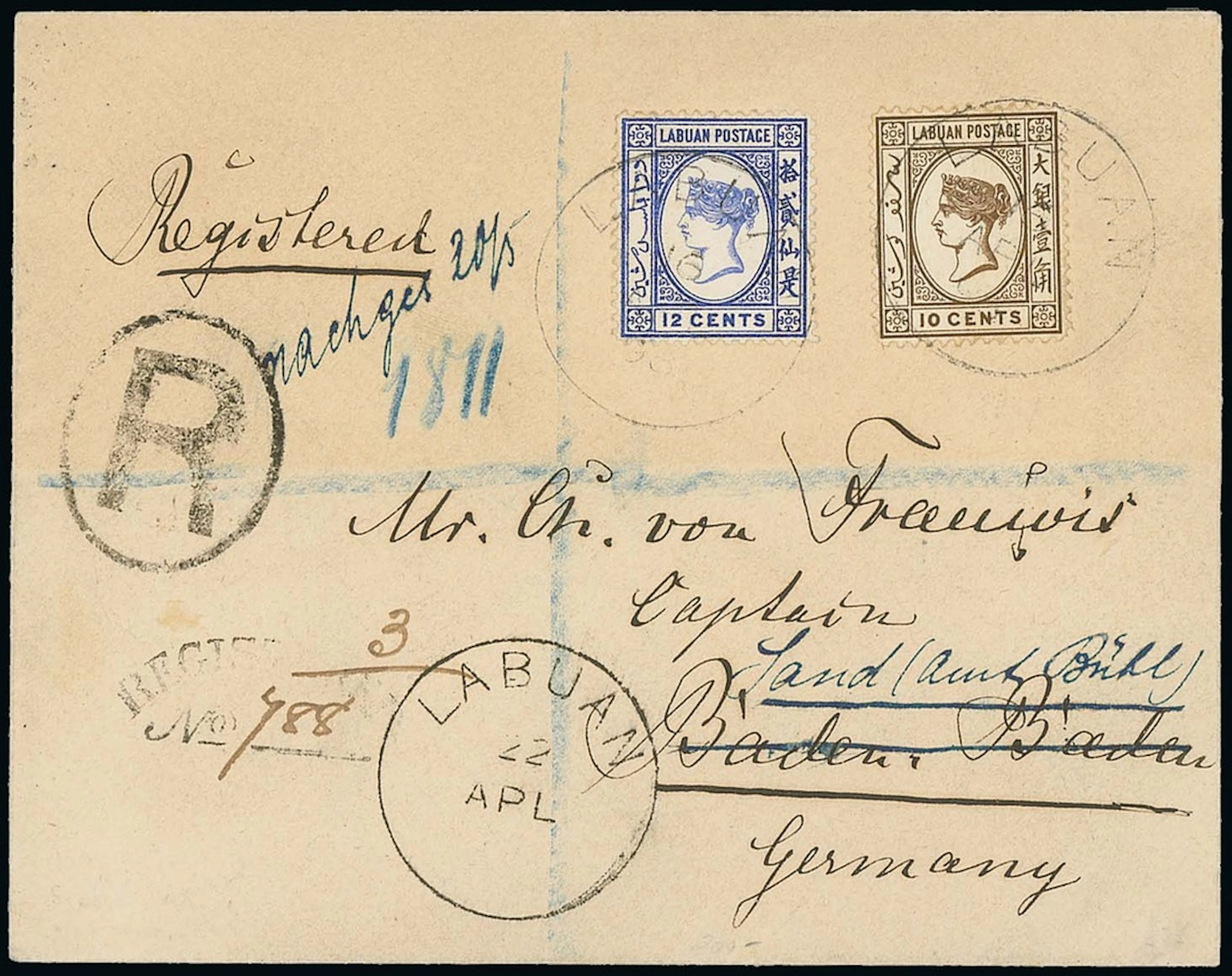 Labuan 1892-93 No Watermark Covers 1898 (22 Apr.) envelope registered