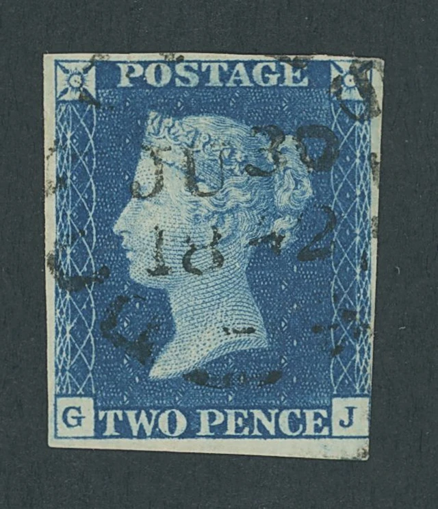 Great Britain 1840 Two Pence Blue Plate 2 GJ, three clear margins