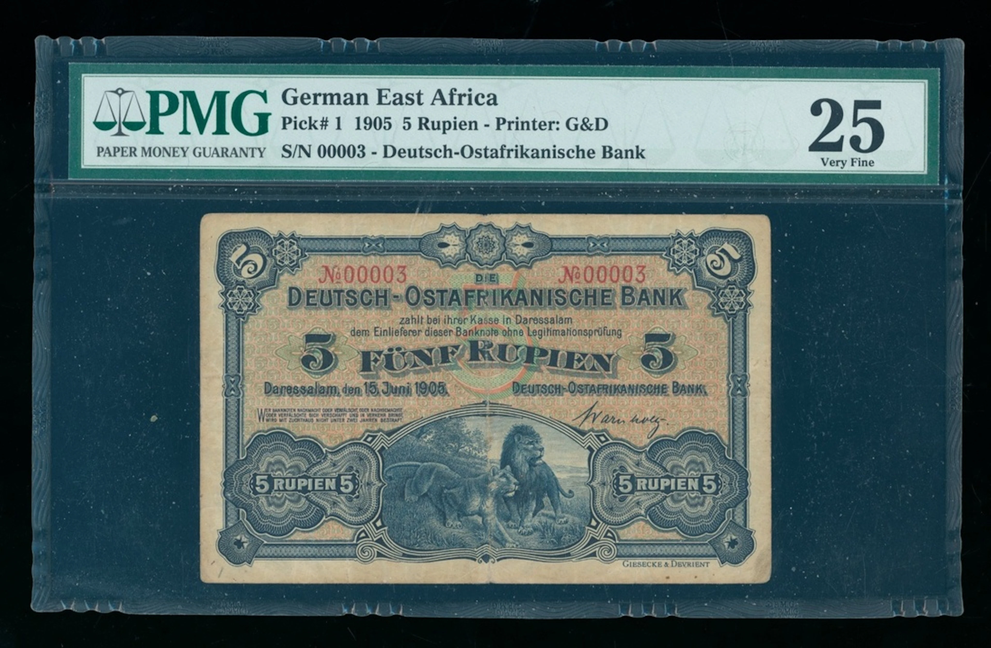 German East Africa, 5 rupieh, 1905, low serial number 00003, (Pick 1)