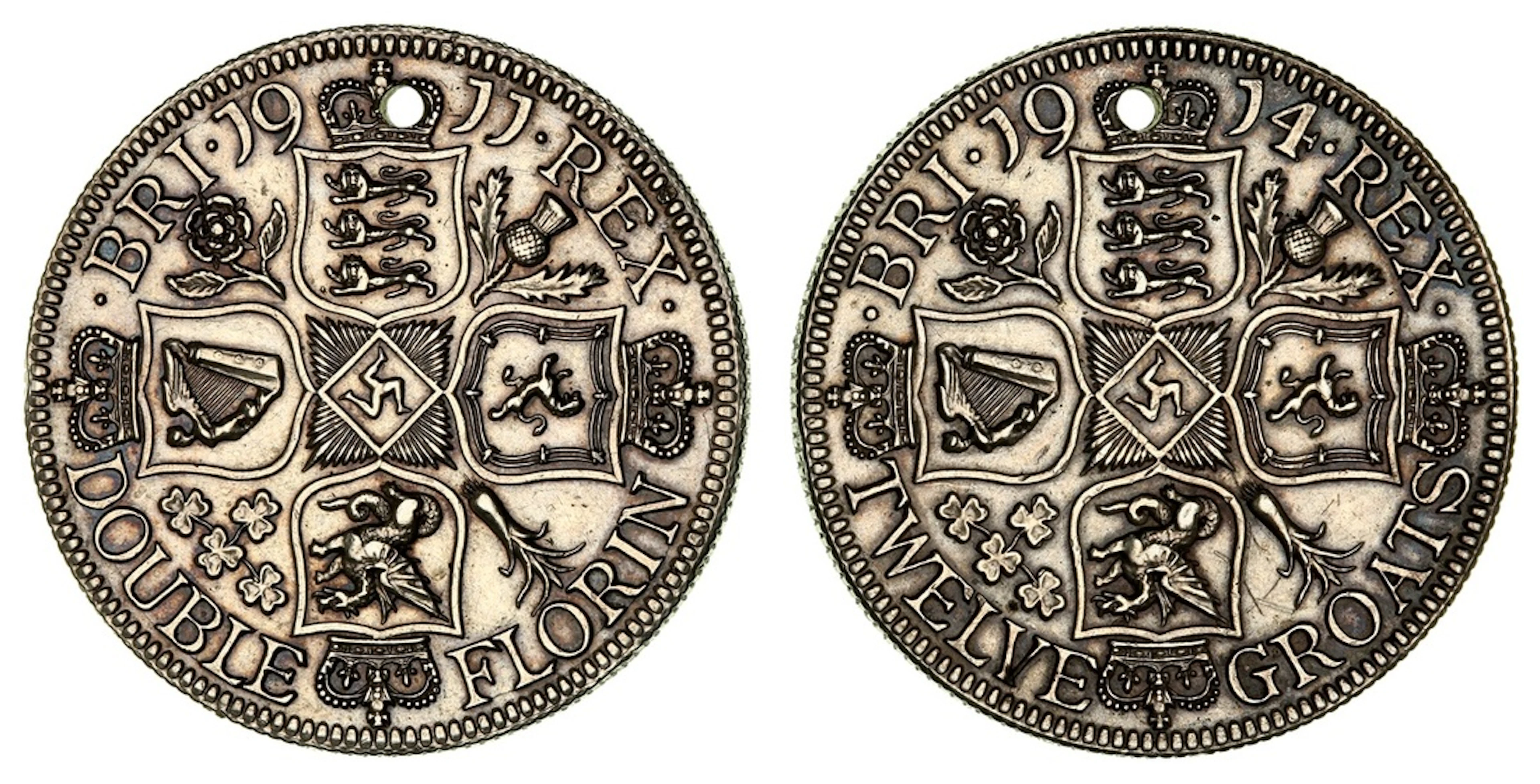 NGC AU | George V (1910-1936), Trial Pattern Strike Double Florin