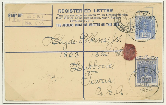 Sarawak Postal Stationery Registered Envelopes 1928 15c. 1929 (8 Nov.)