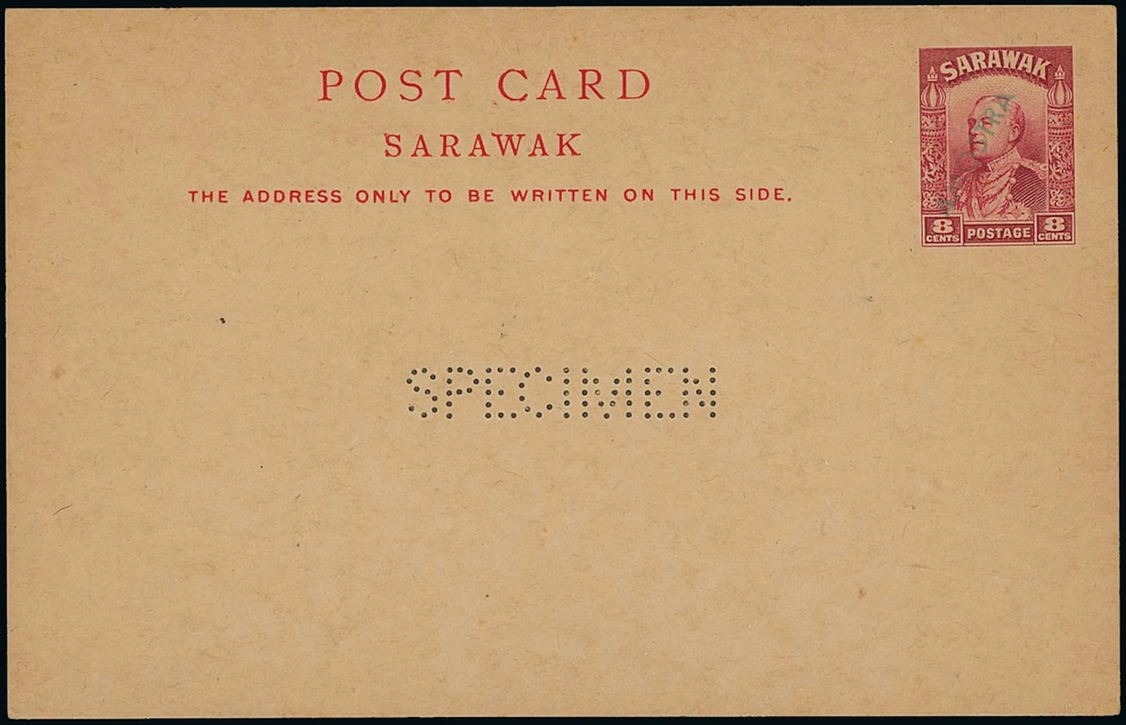 Sarawak Postal Stationery Postcards 1934 Issue 8c. perforated "specimen"
