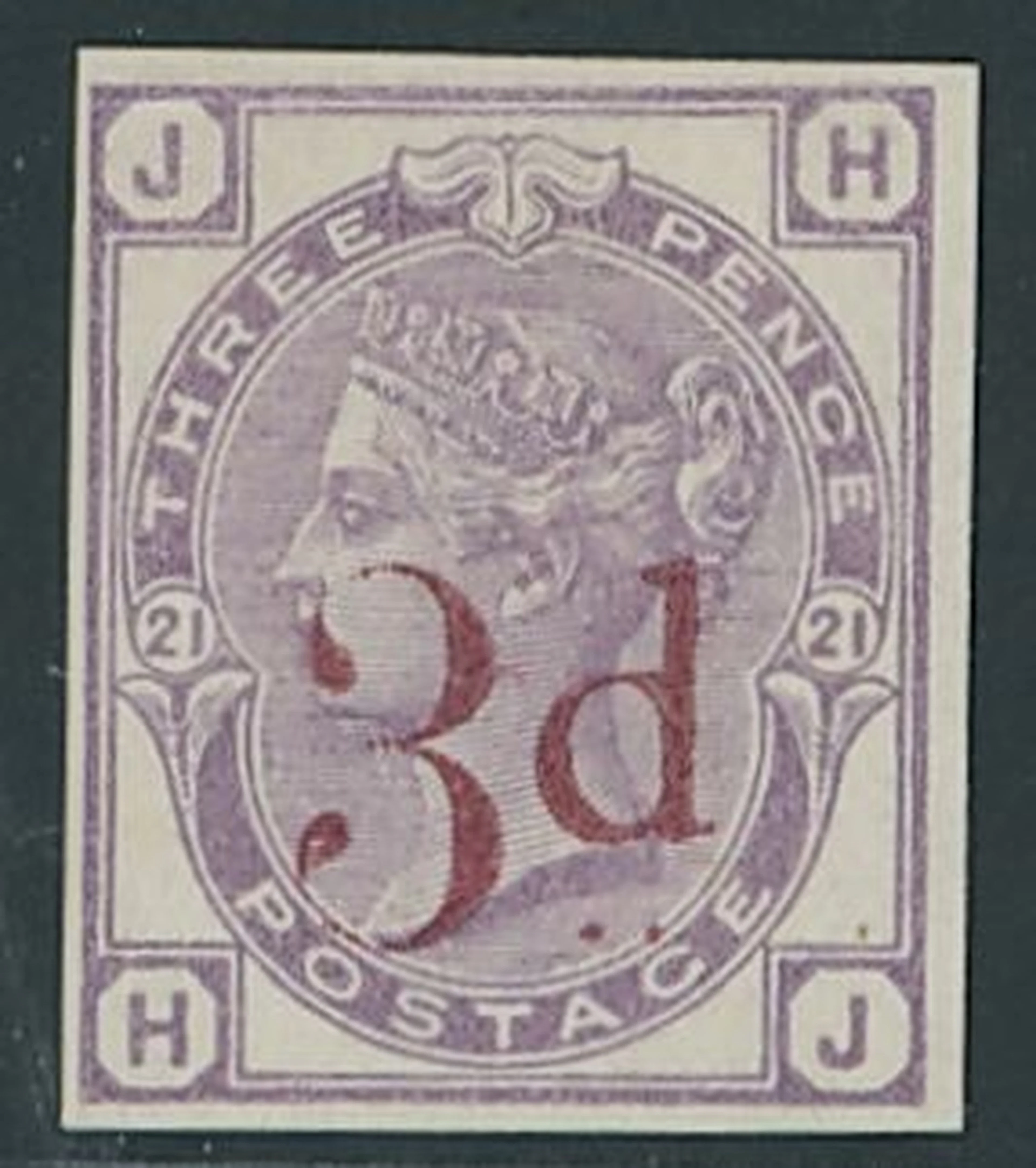 Great Britain 1880-83 3d. on 3d. lilac imperforate imprimatur, Plate