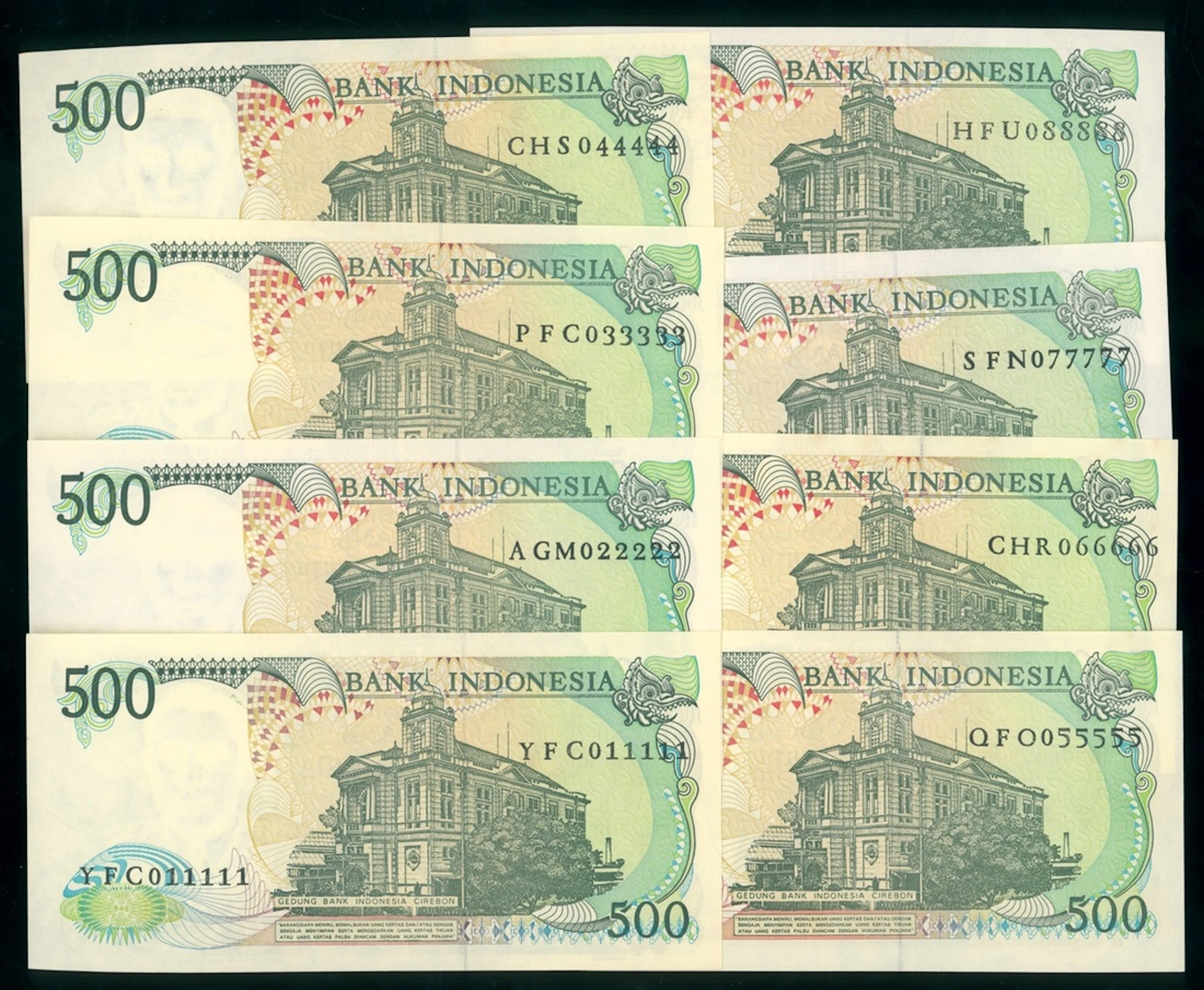 Bank Indonesia, a set of near solid serial numbers 500 rupiah, 1988