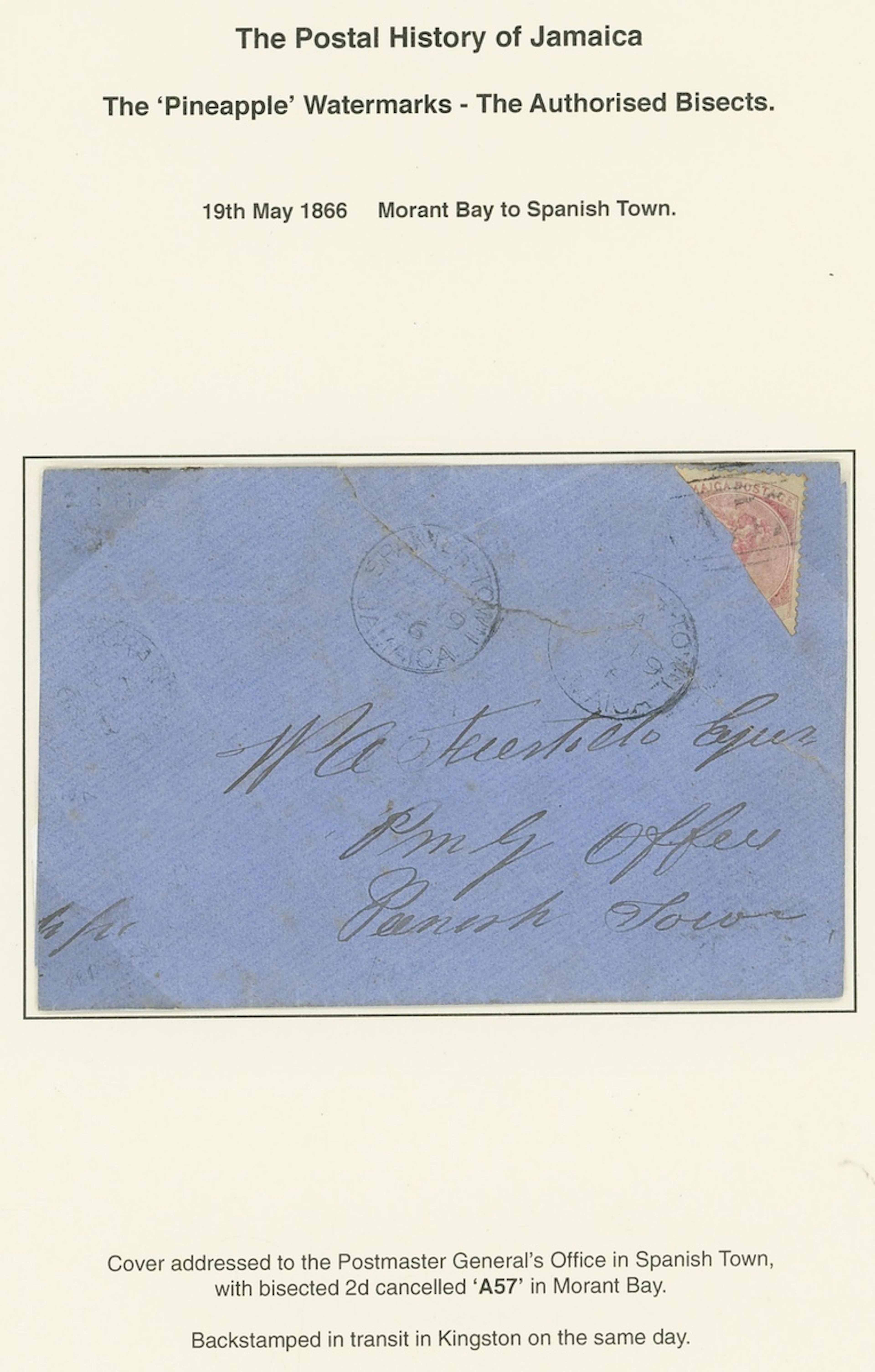 Jamaica Covers and Cancellations "A57" 1866 (19 May) envelope from