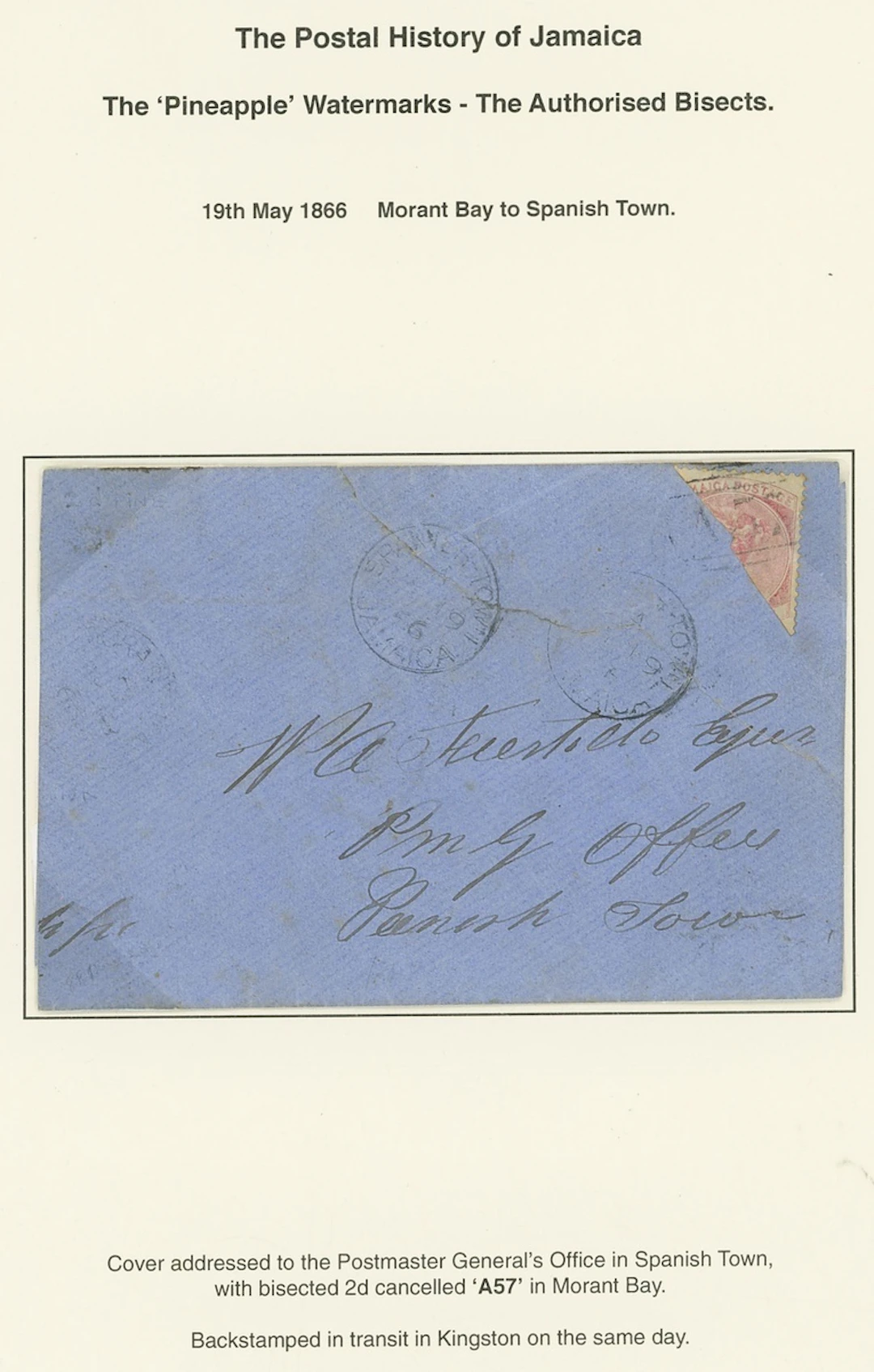 Jamaica Covers and Cancellations "A57" 1866 (19 May) envelope from