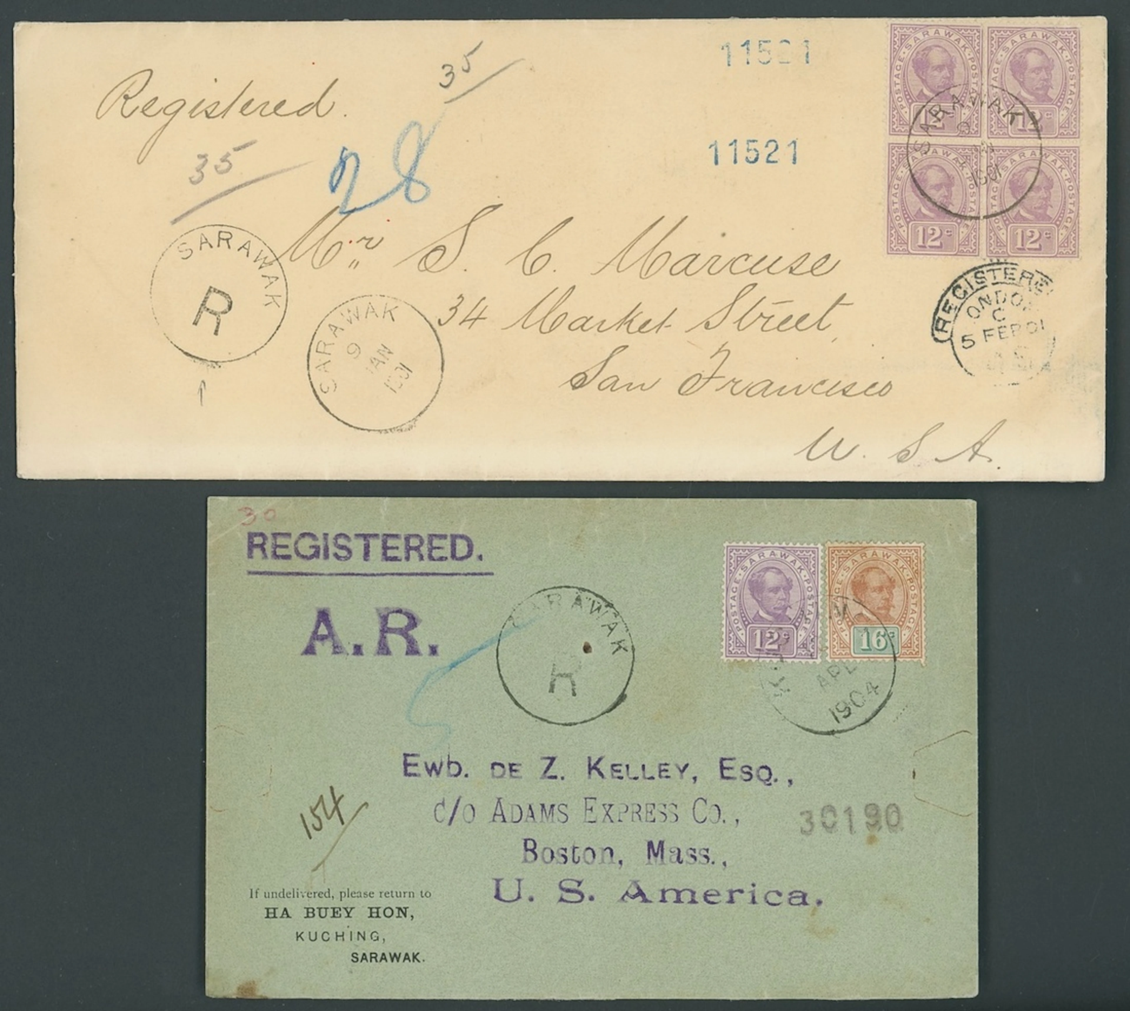 Sarawak 1899-1908 "postage postage" Issue Covers 1901 (9 Jan.) envelope