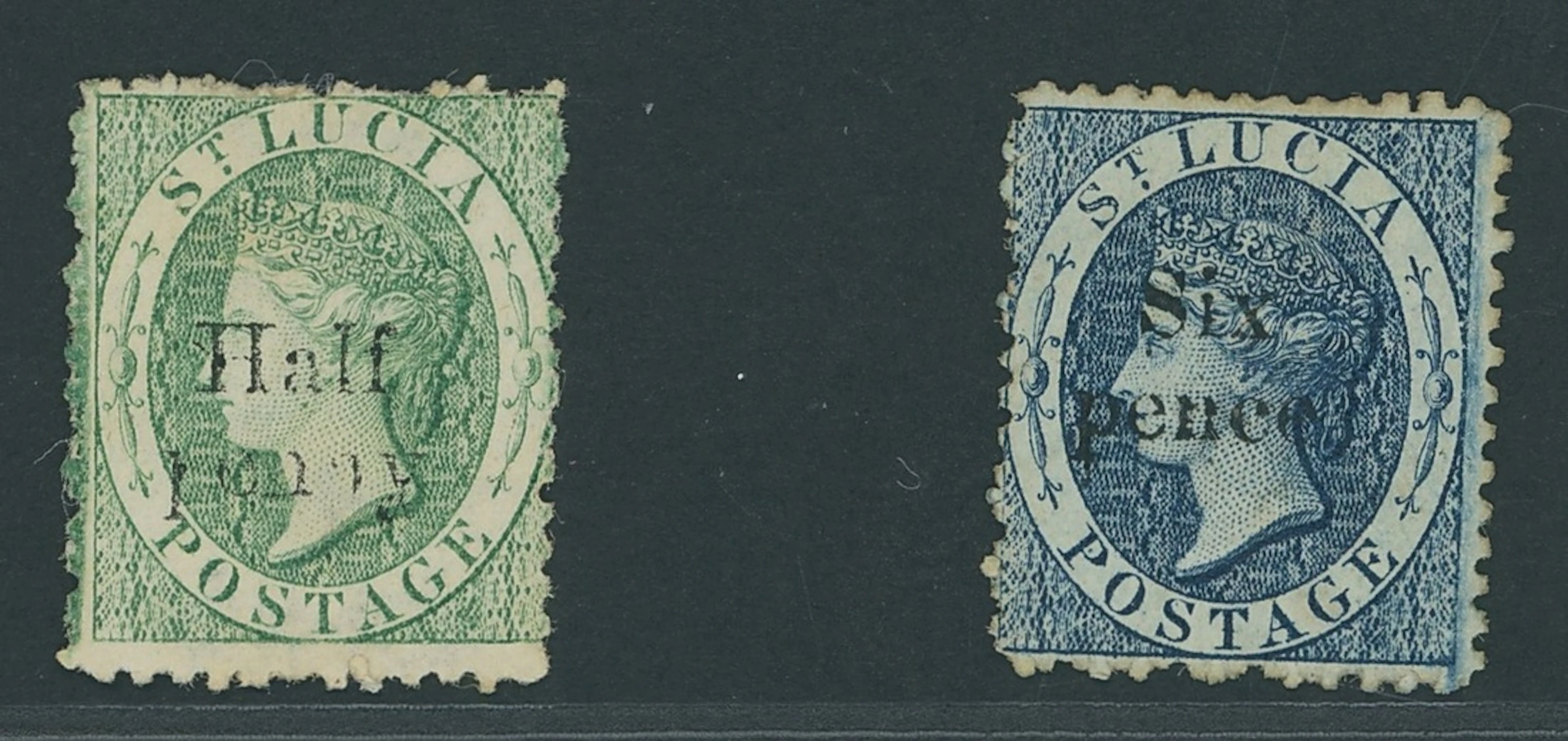 St. Lucia 1863 CC, perf 12½, prepared for used but not issued, "Half/penny"