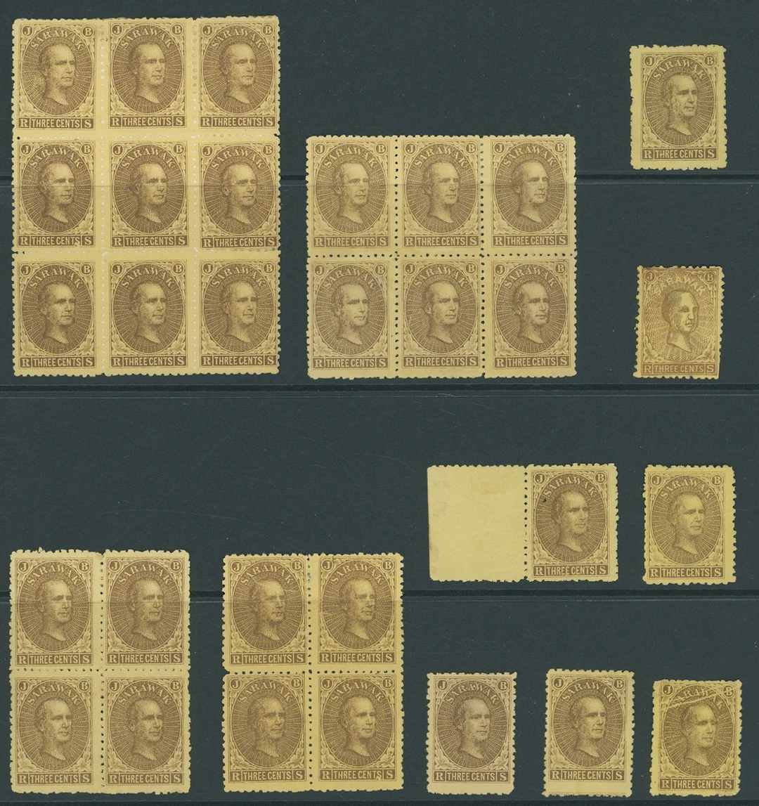 Sarawak 1869 Sir James Brooke Issued Stamps 3c. brown on yellow blocks