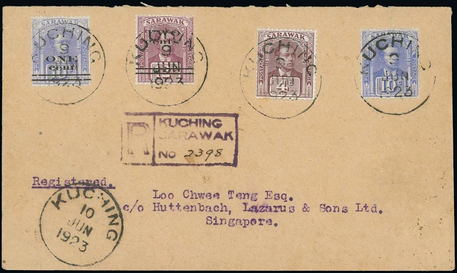 Sarawak 1923 Provisionals Covers 1923 (9 June) envelope registered