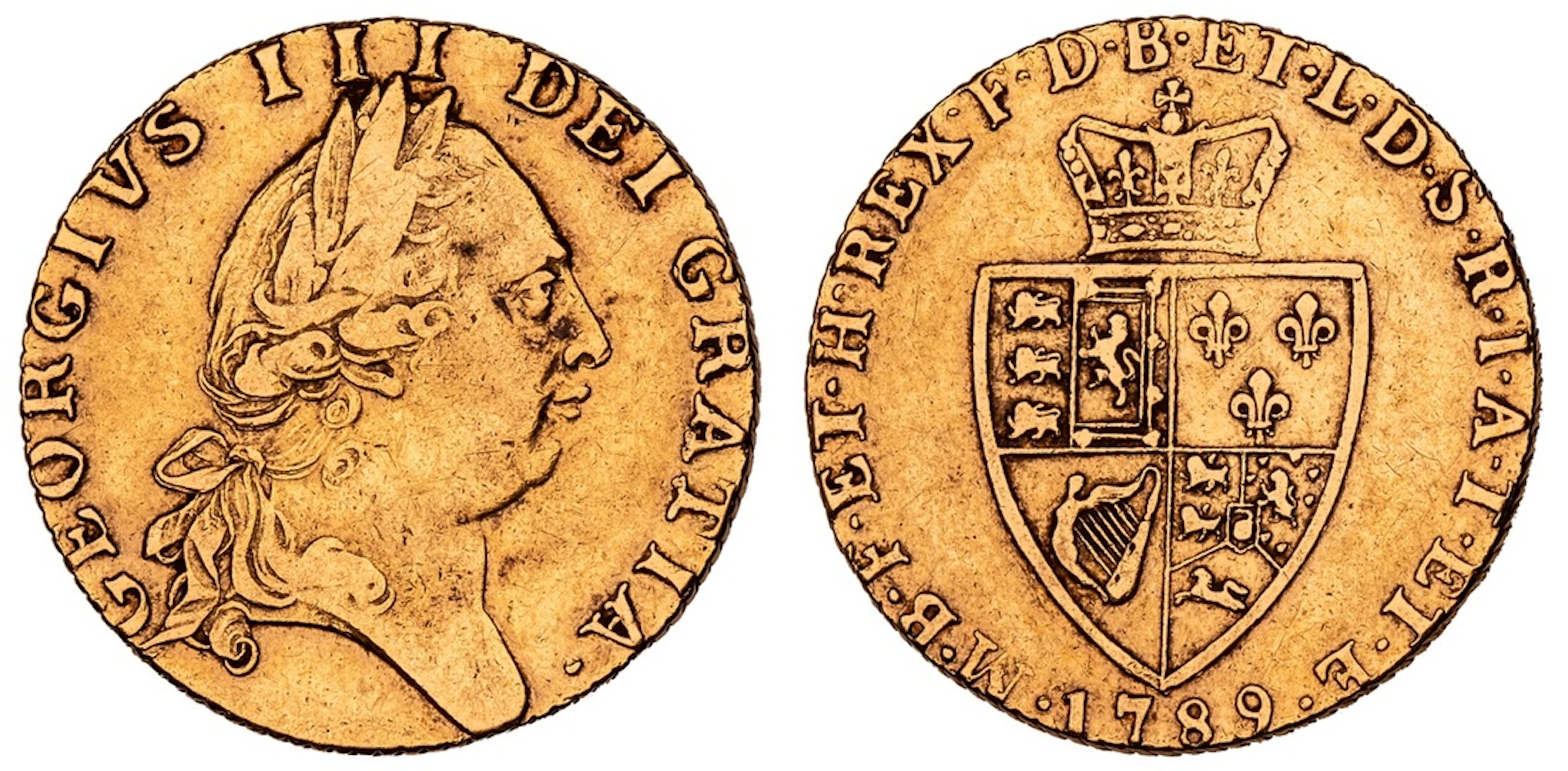 George III (1760-1820), 'Spade' Guinea, 1789, fifth laureate head