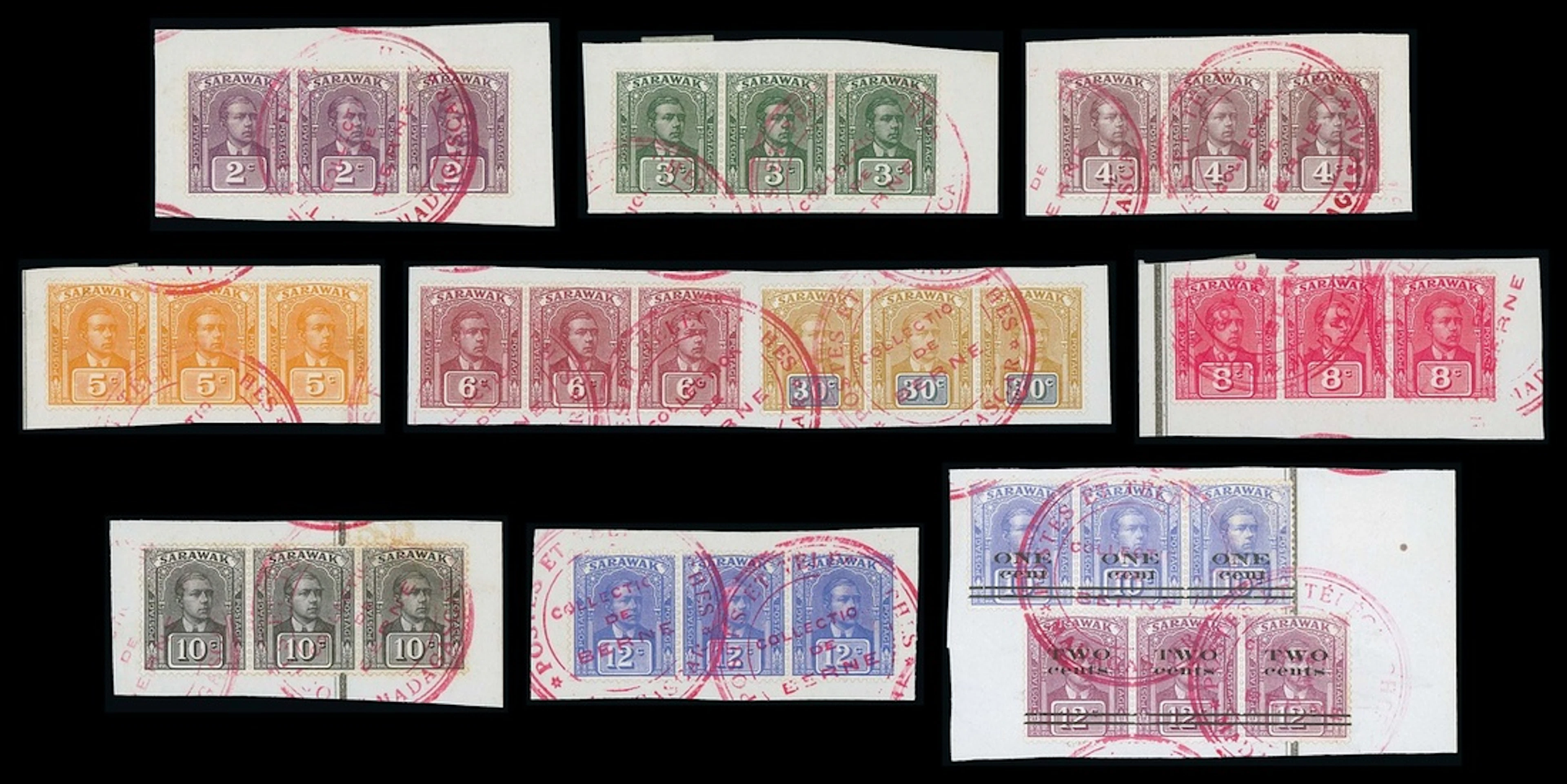Sarawak 1922-23 New Colours and Values Specimen Stamps 1c. to 30c.