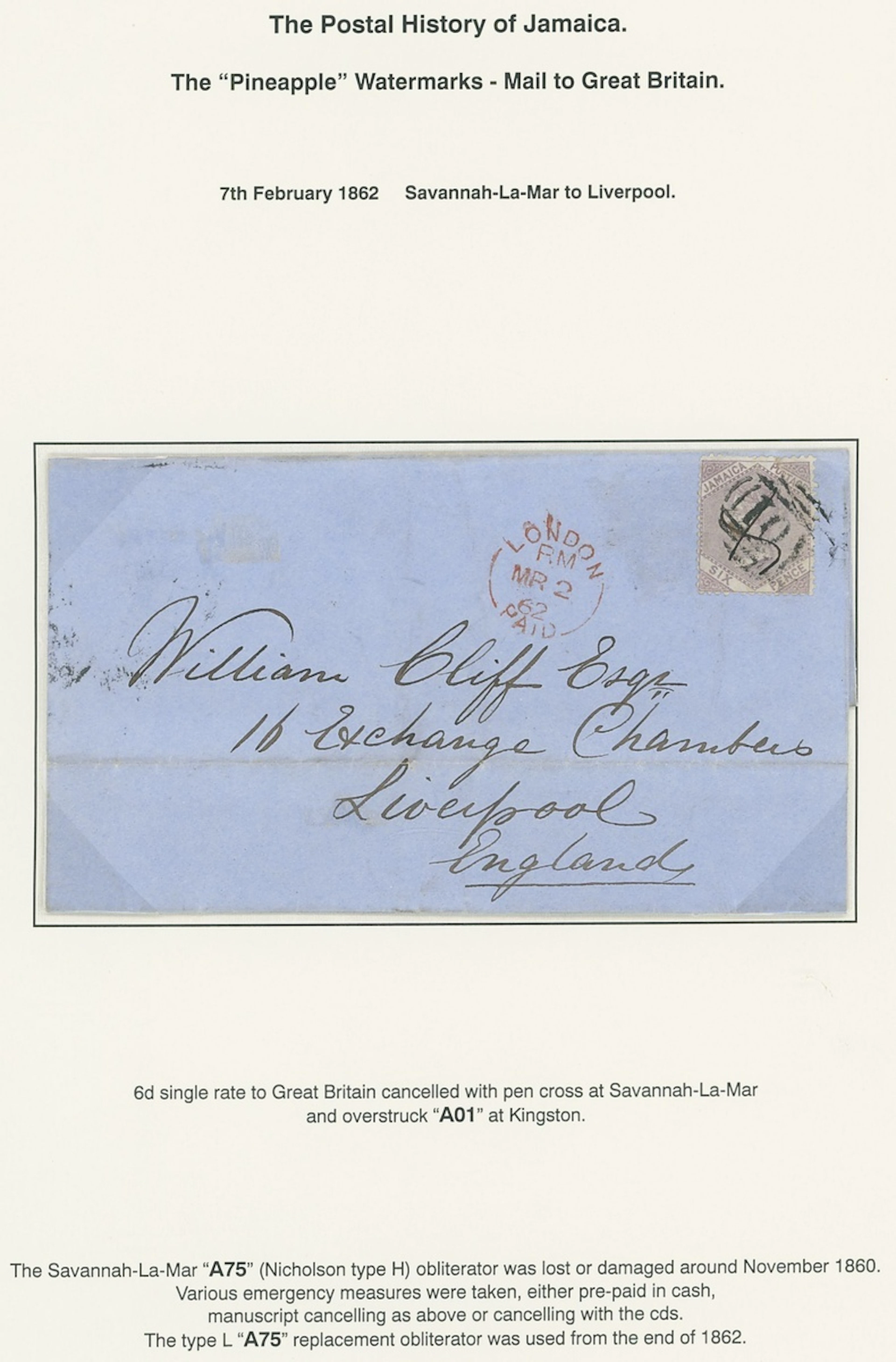 Jamaica Covers and Cancellations "A75" 1862 (7 Feb.) entire from Savannah