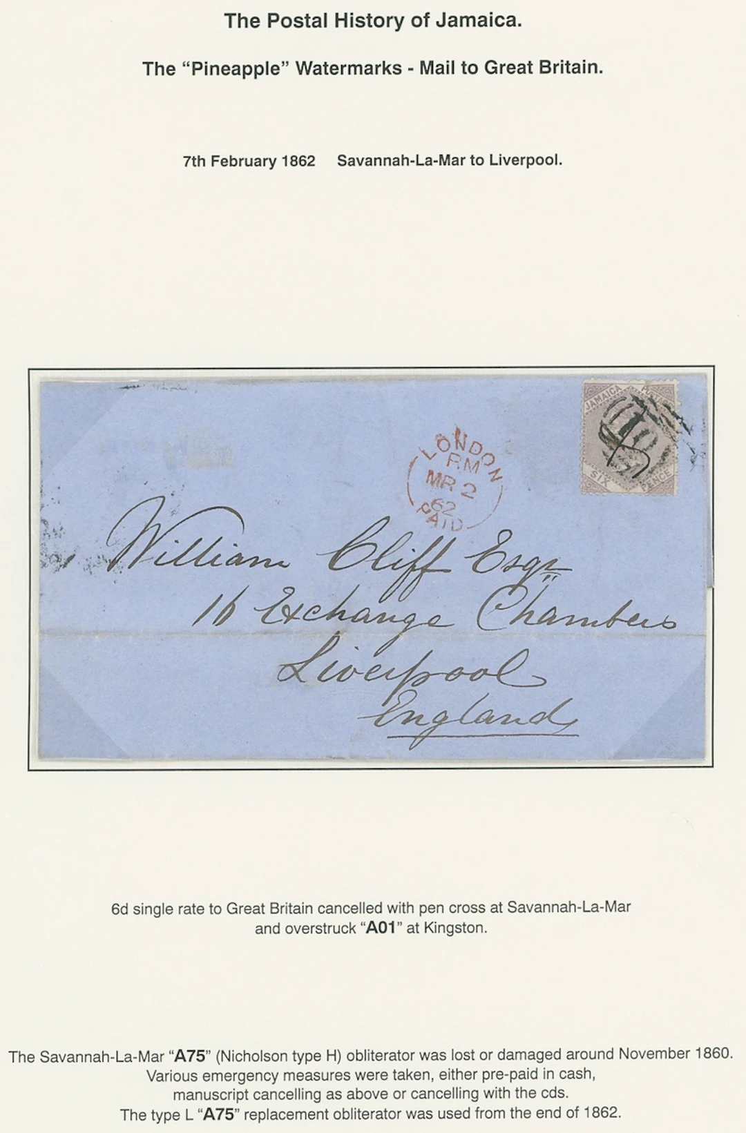 Jamaica Covers and Cancellations "A75" 1862 (7 Feb.) entire from Savannah