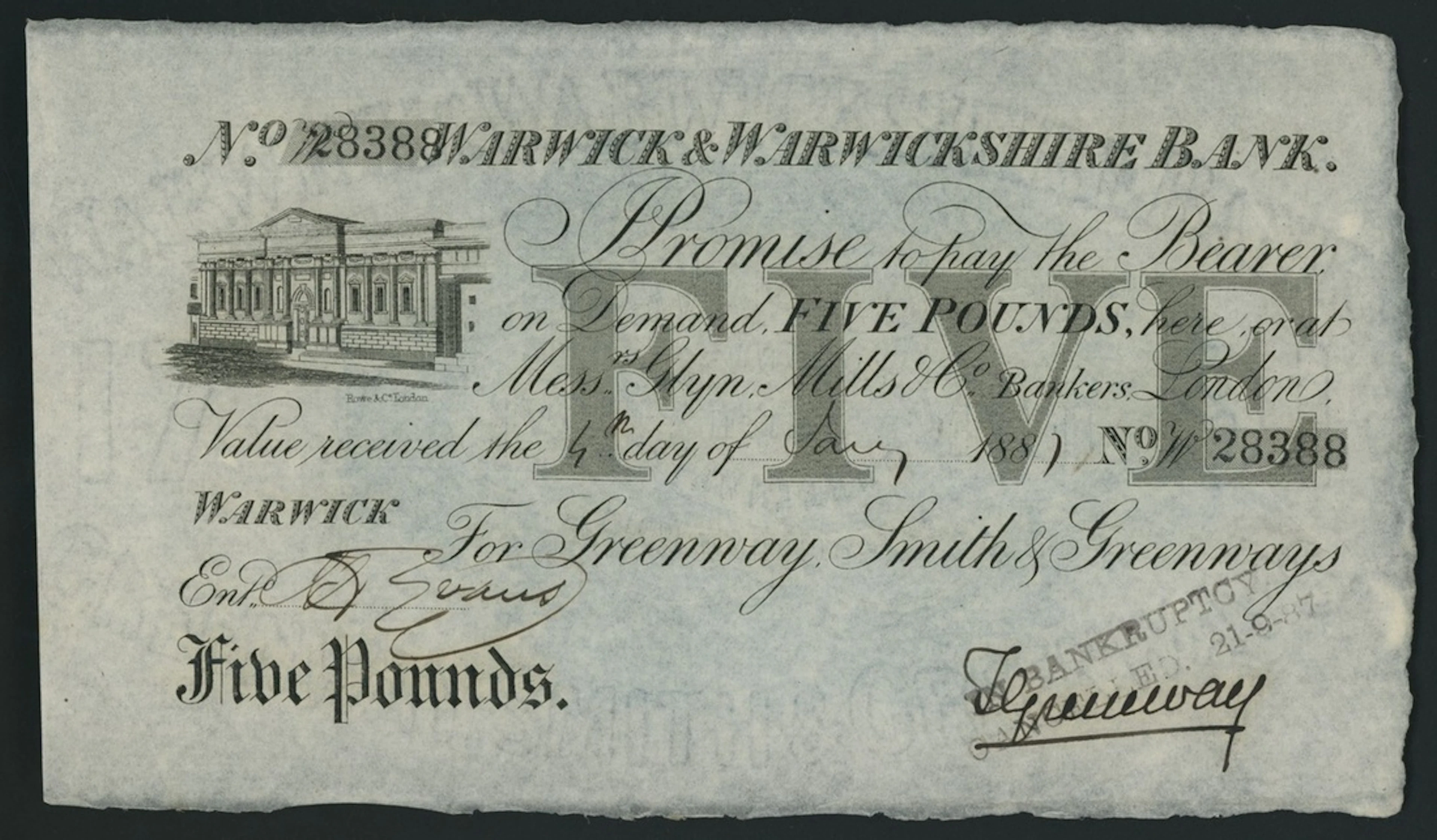 Warwick & Warwickshire Bank, for Greenway, Smith & Greenways, £5