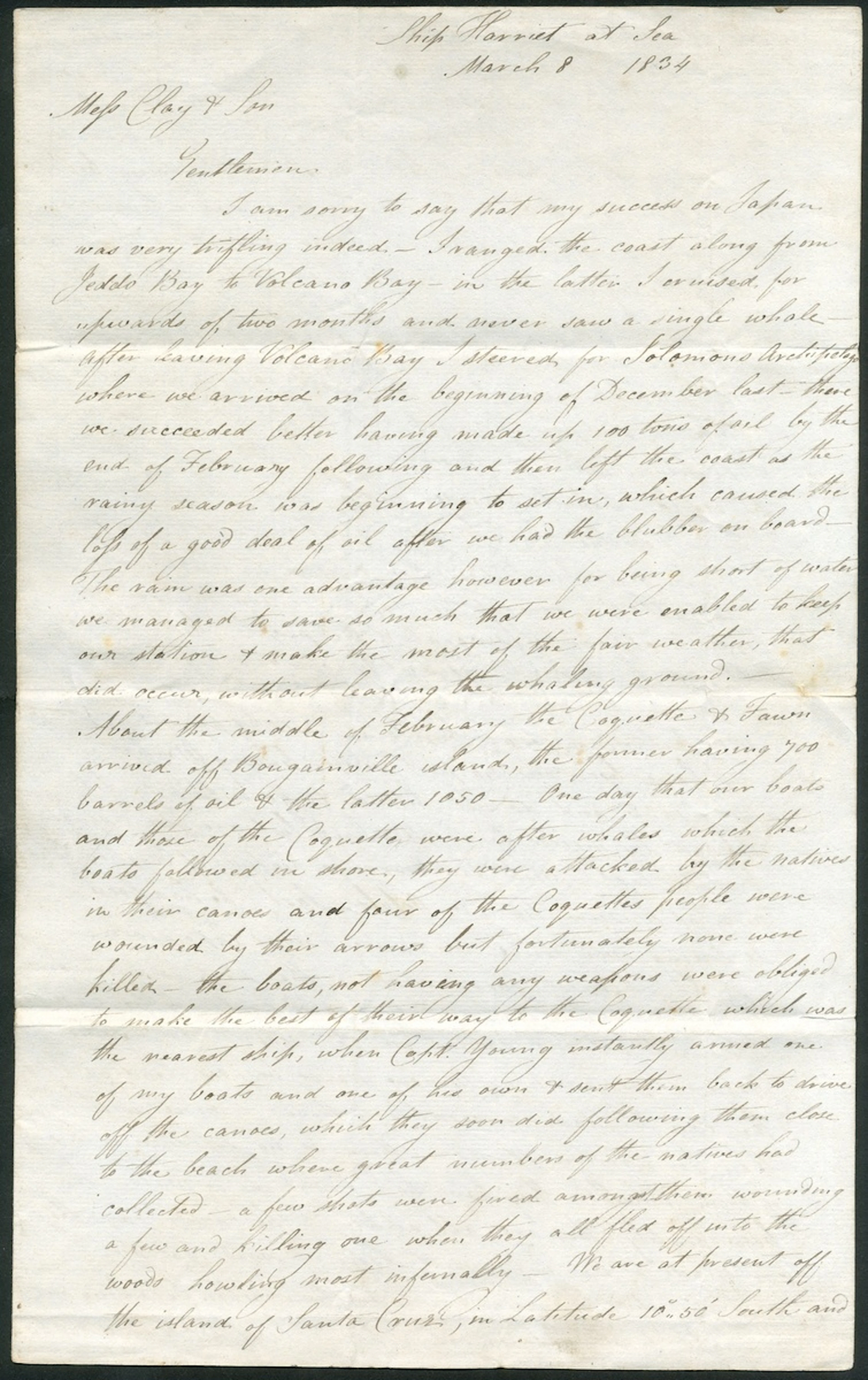 Solomon Islands A Remarkable Whaling Letter 1834 (8 March) entire