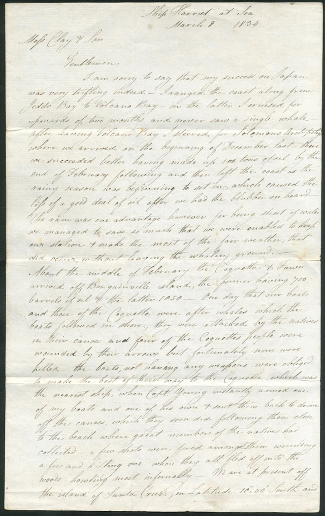 Solomon Islands A Remarkable Whaling Letter 1834 (8 March) entire