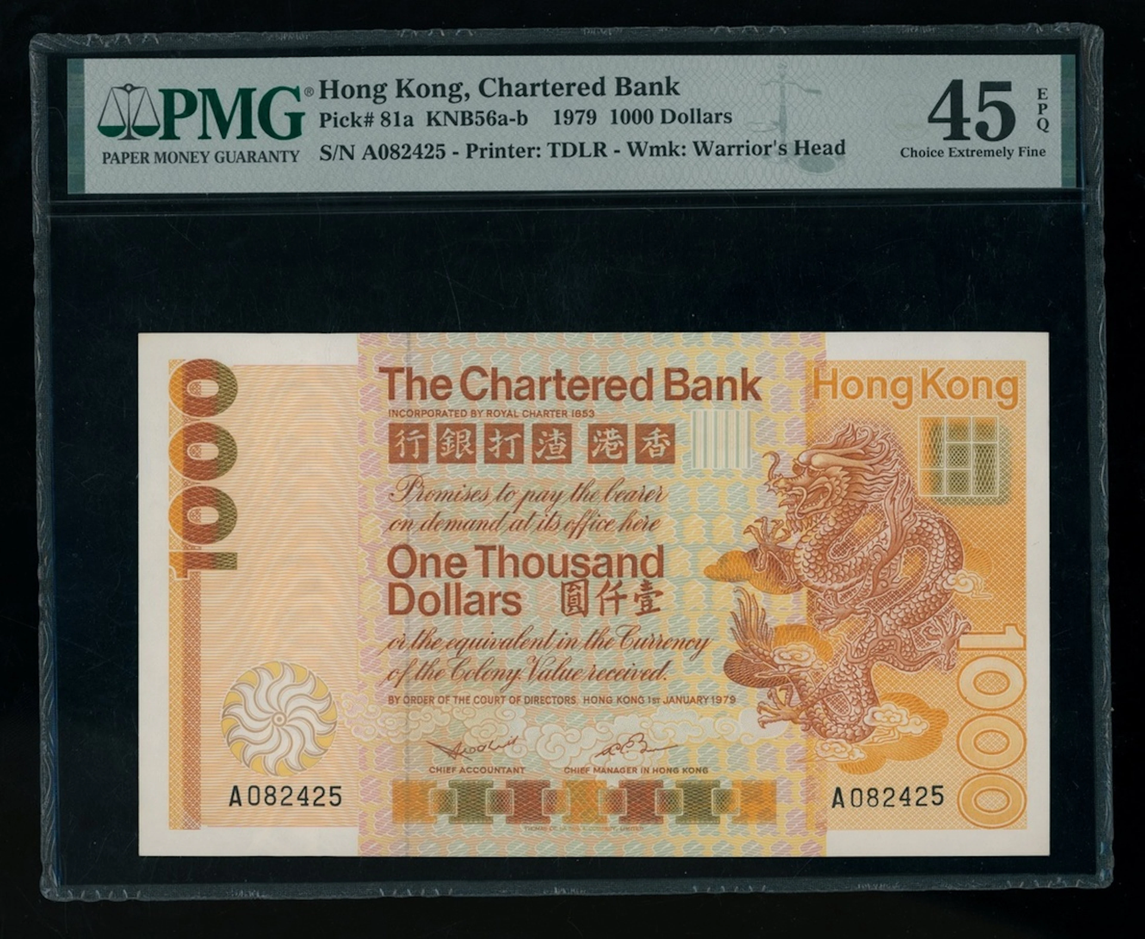 Chartered Bank, Hong Kong, $1000, 1.1.1979, serial number A082425, (Pick 81a)