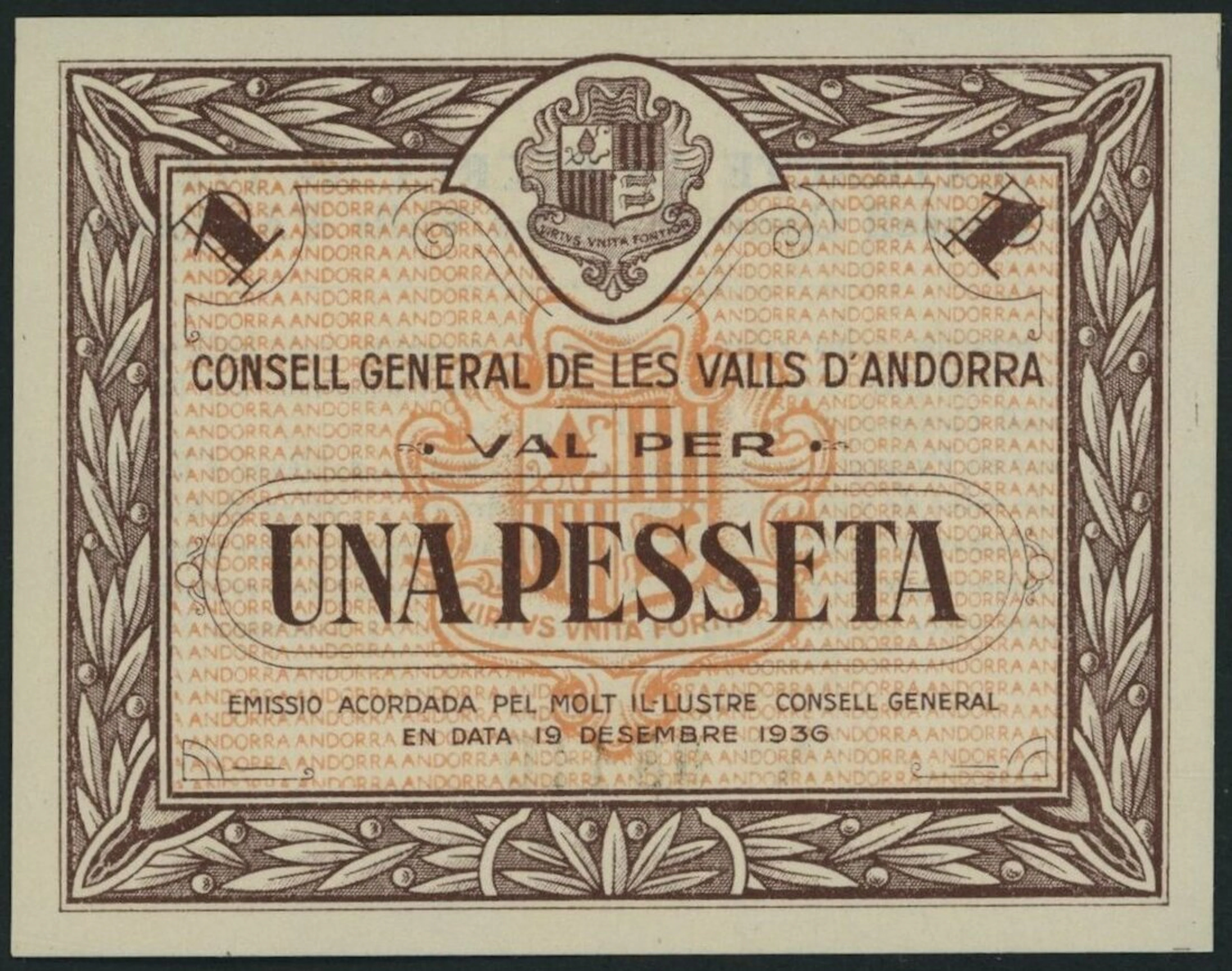 Consell General de les Valls, Andorra, 1 Pesseta, 19th December 1936