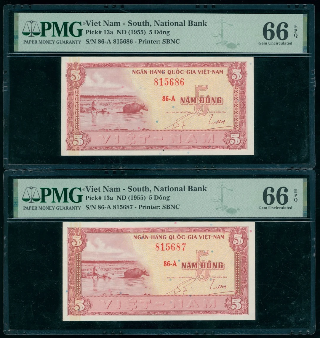 National Bank of Vietnam, consecutive pair 5 dong, ND (1955), serial
