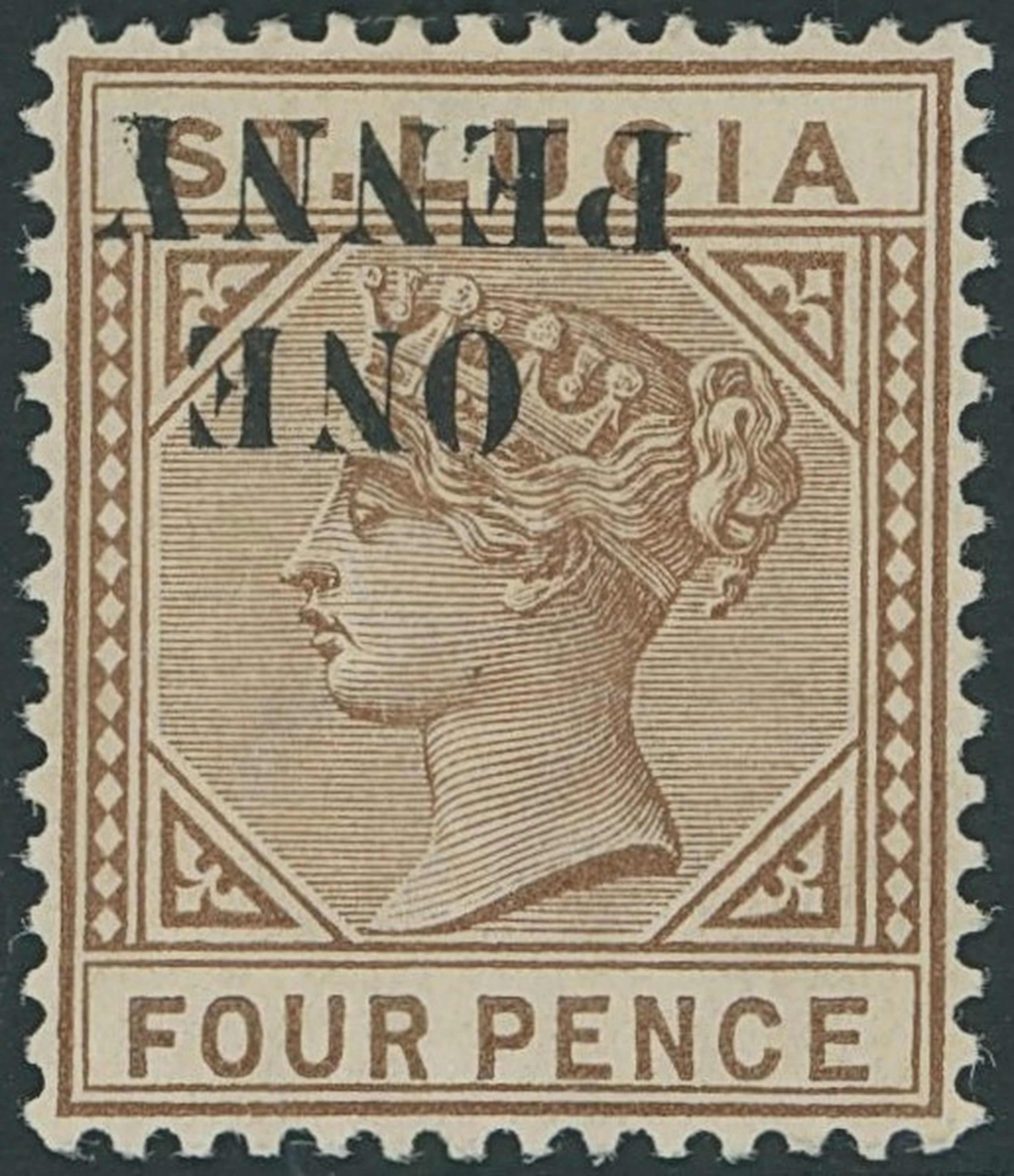 St. Lucia Issued Stamps 1891-92 Die I, 4d. brown Type I, variety surcharge